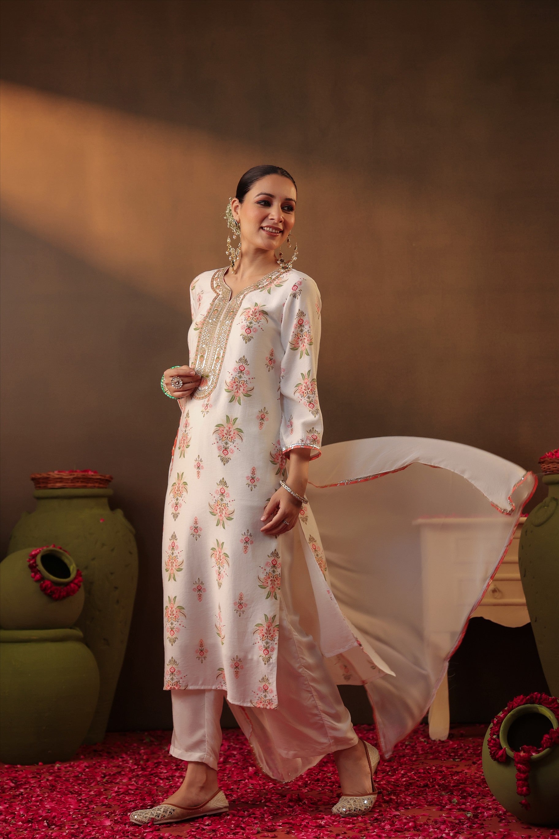 Ivory Floral Chanderi Silk Straight Suit