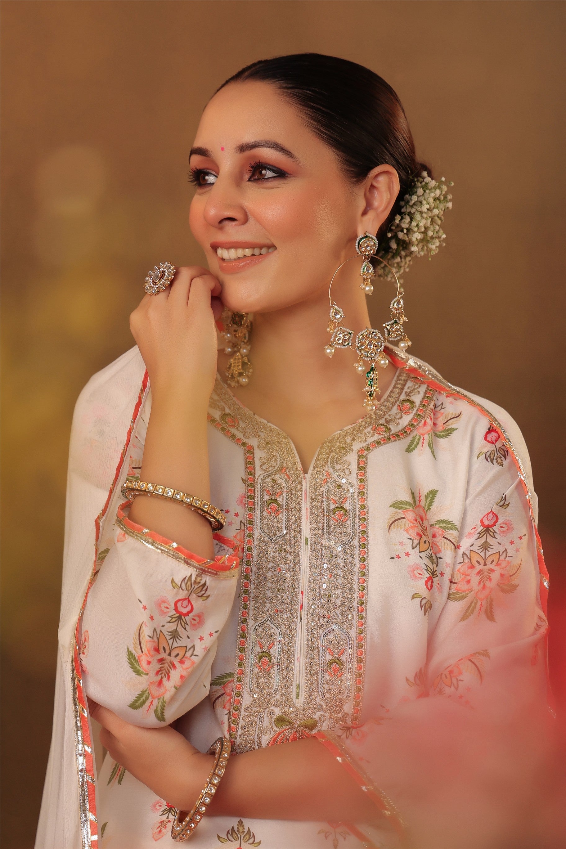 Ivory Floral Chanderi Silk Straight Suit