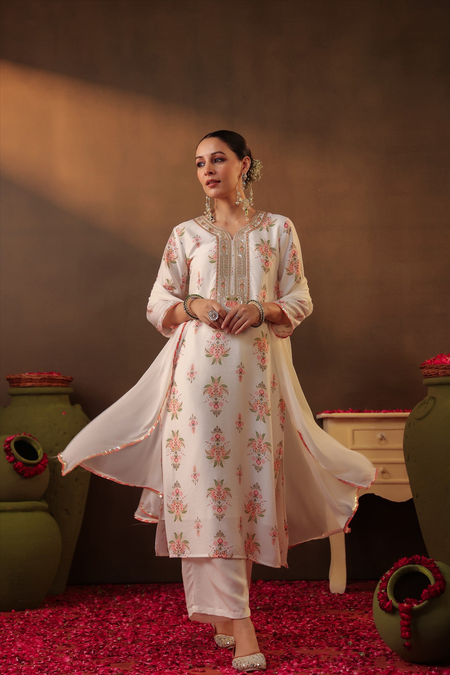 Ivory Floral Chanderi Silk Straight Suit