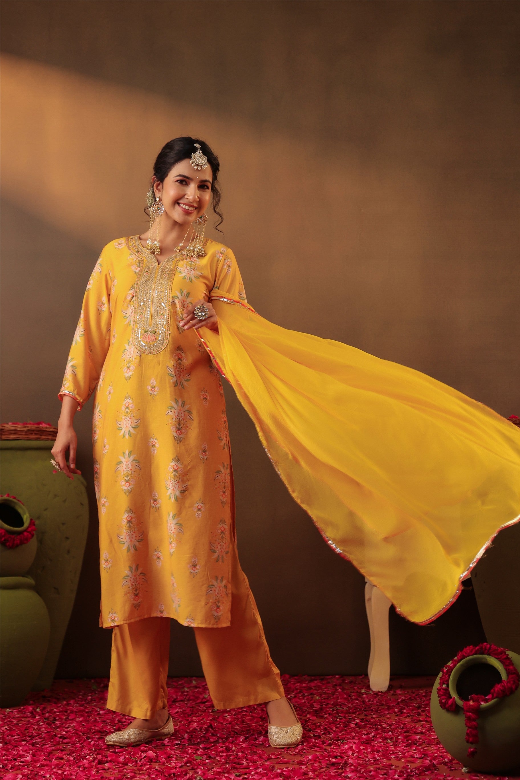 Mustard Floral Chanderi Silk Straight Suit
