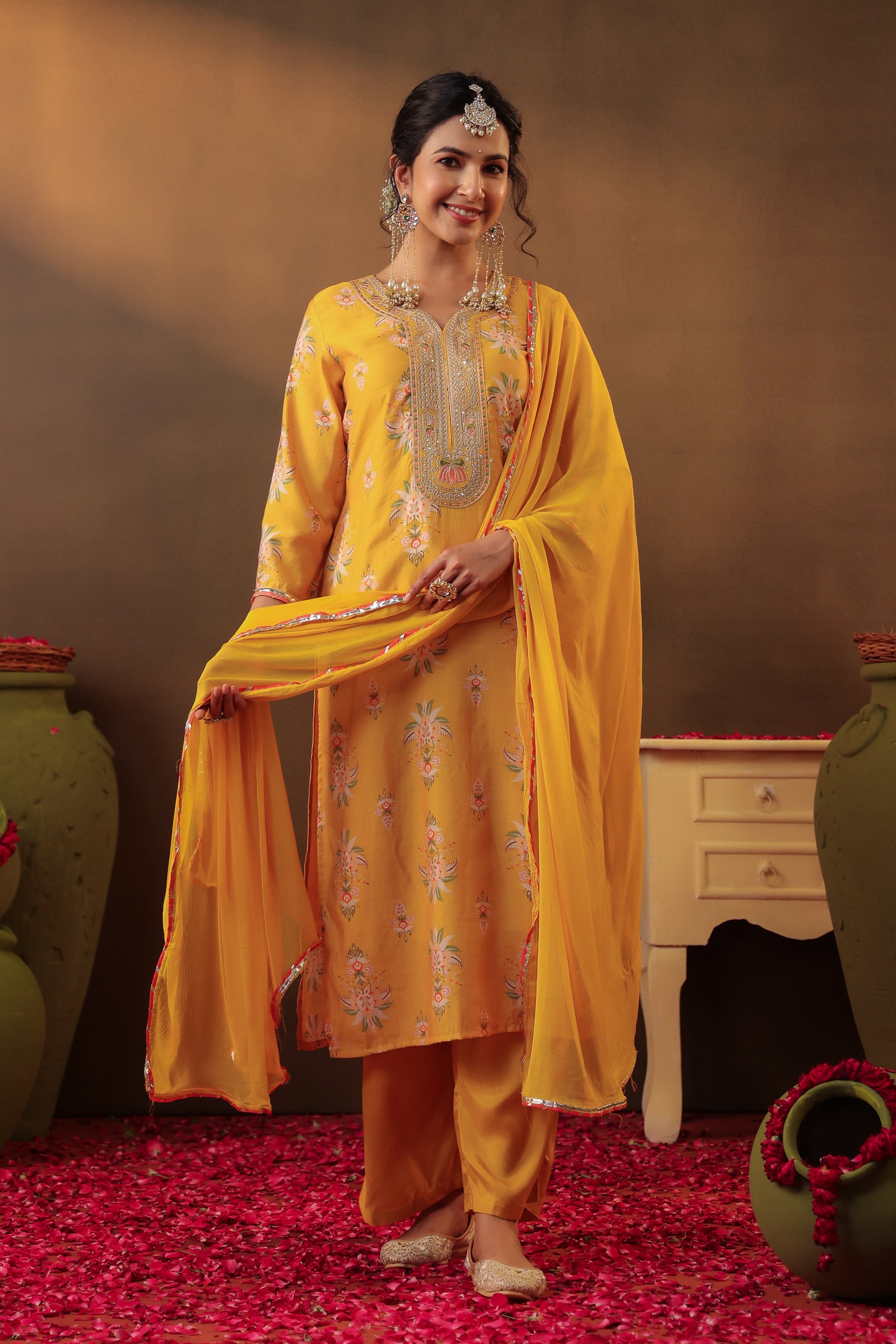 Mustard Floral Chanderi Silk Straight Suit