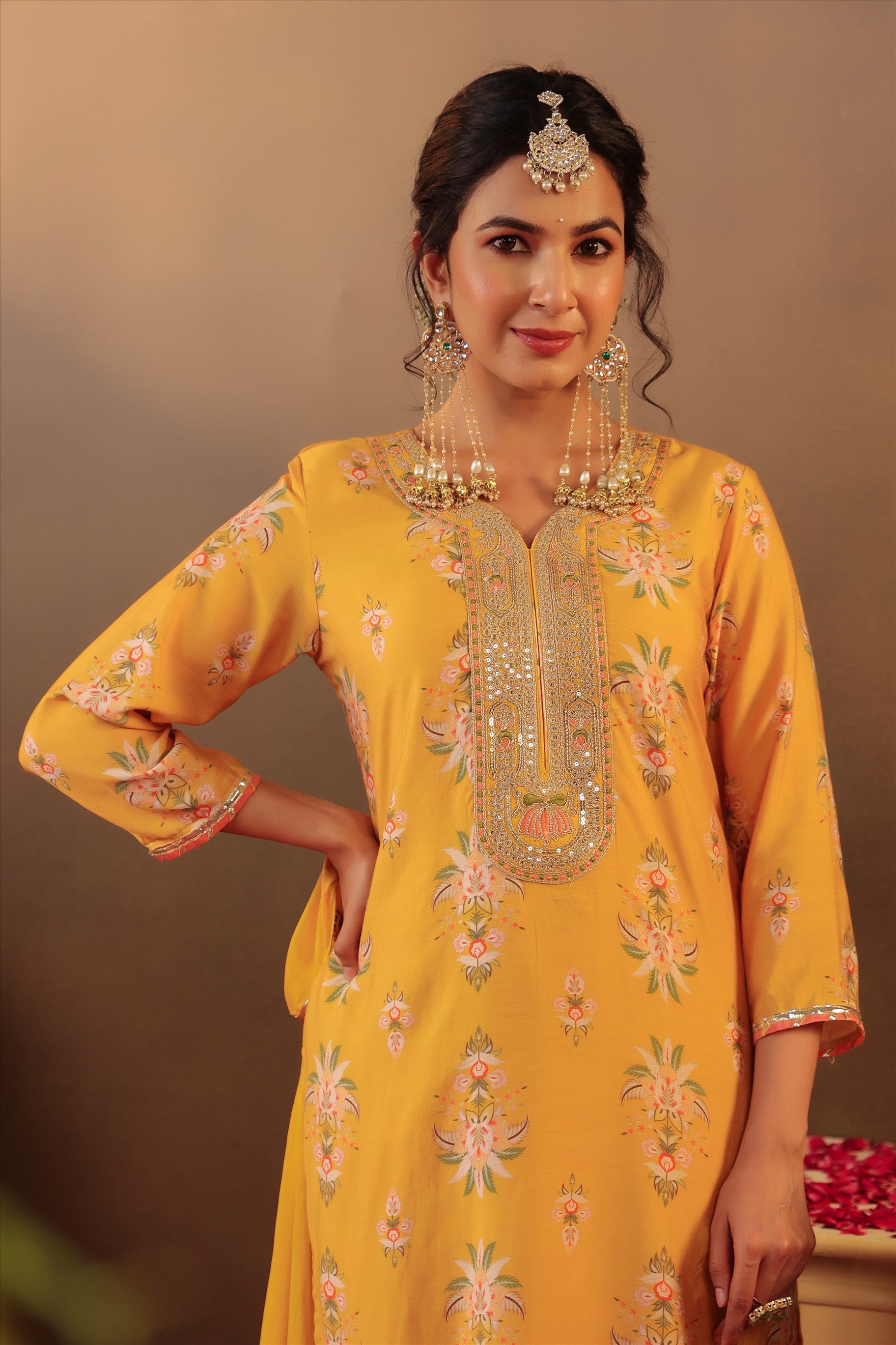 Mustard Floral Chanderi Silk Straight Suit