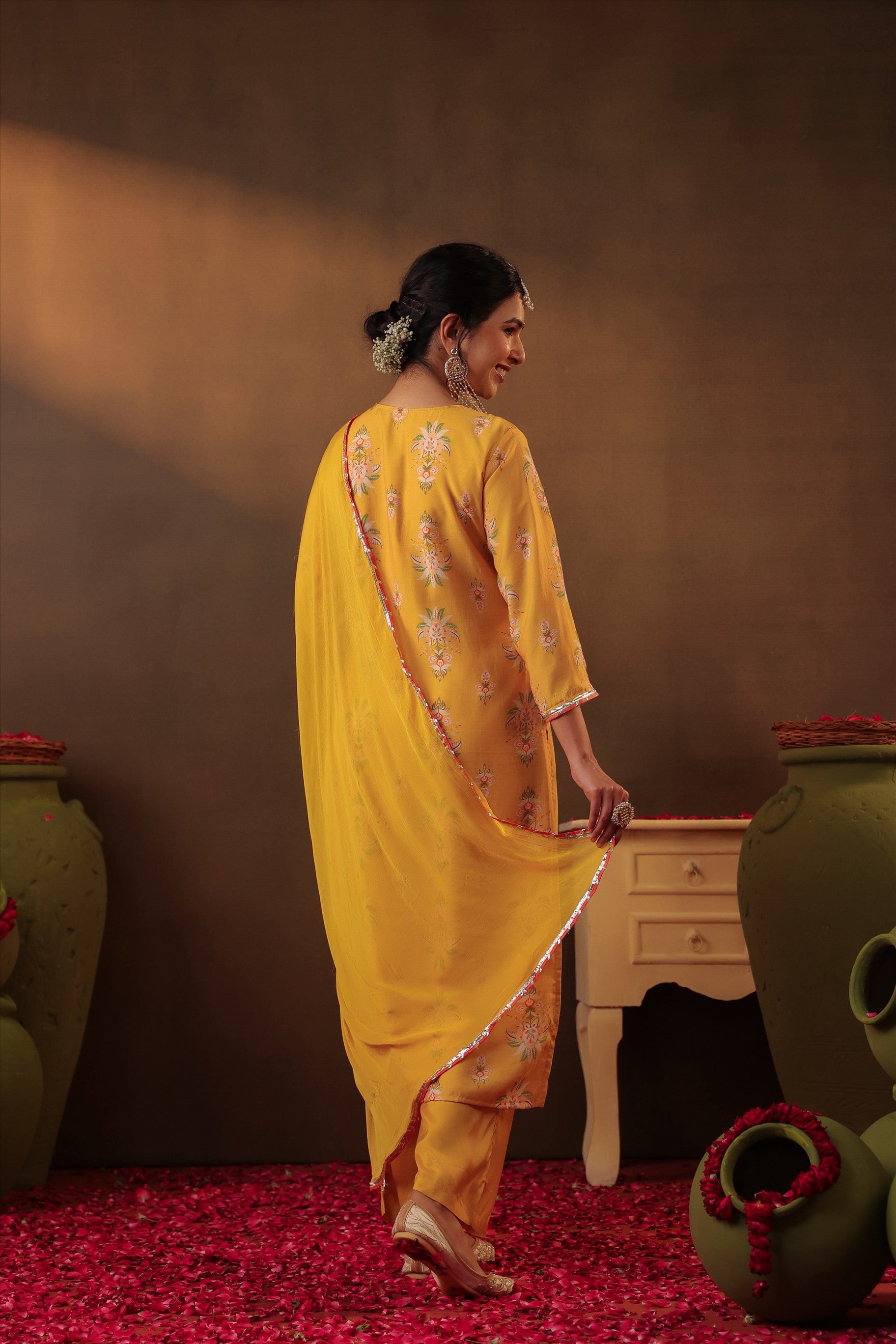 Mustard Floral Chanderi Silk Straight Suit