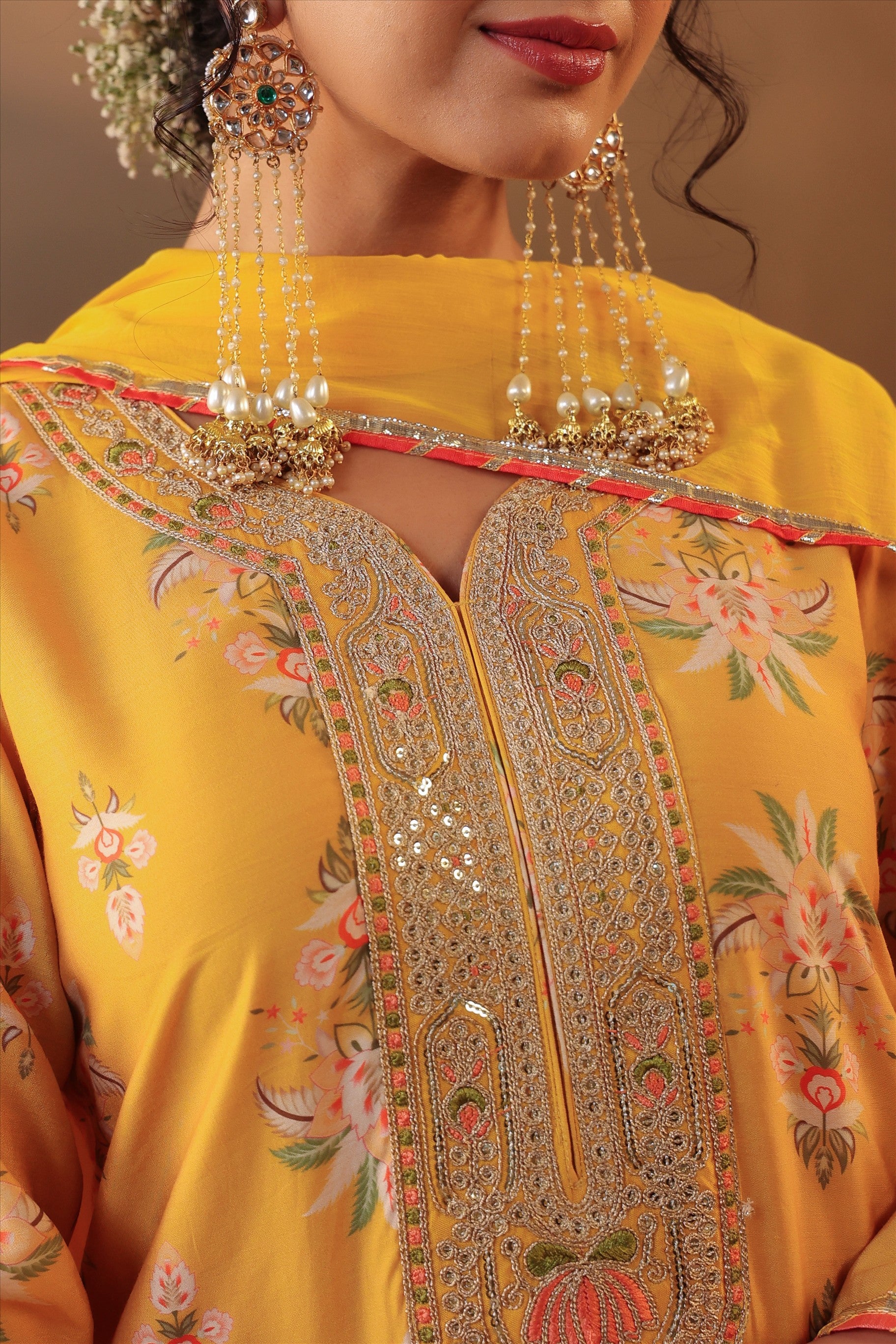 Mustard Floral Chanderi Silk Straight Suit