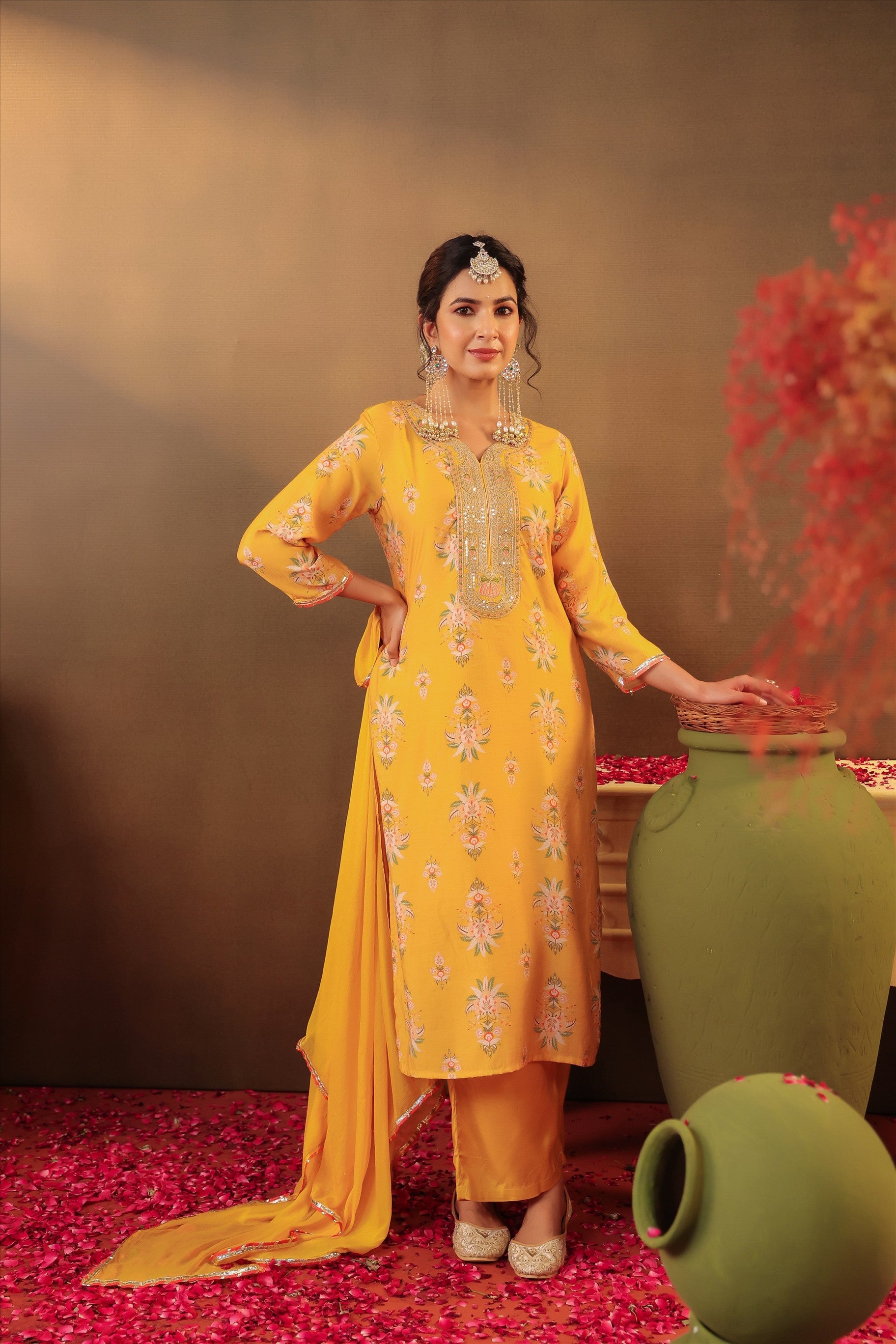 Mustard Floral Chanderi Silk Straight Suit