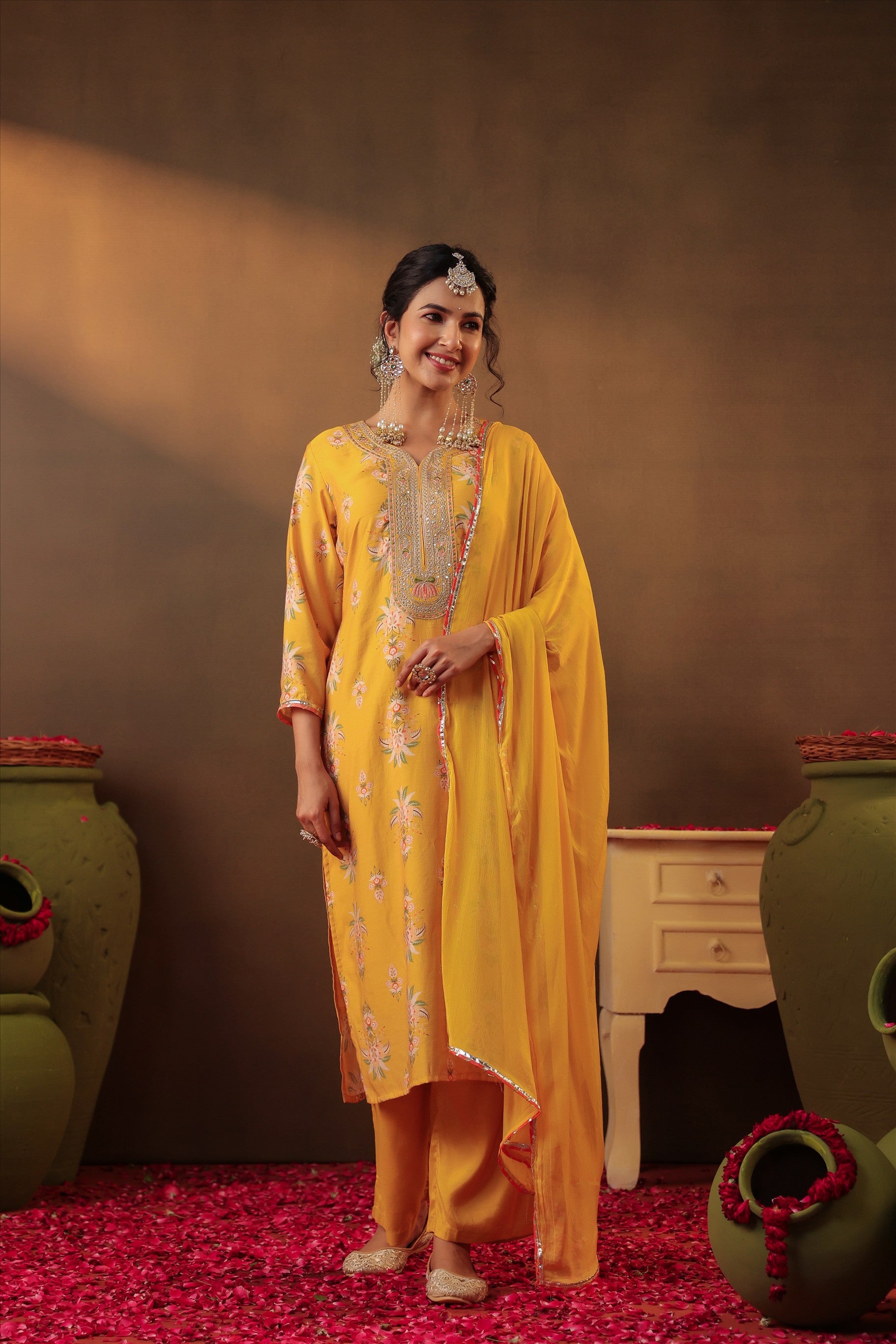 Mustard Floral Chanderi Silk Straight Suit