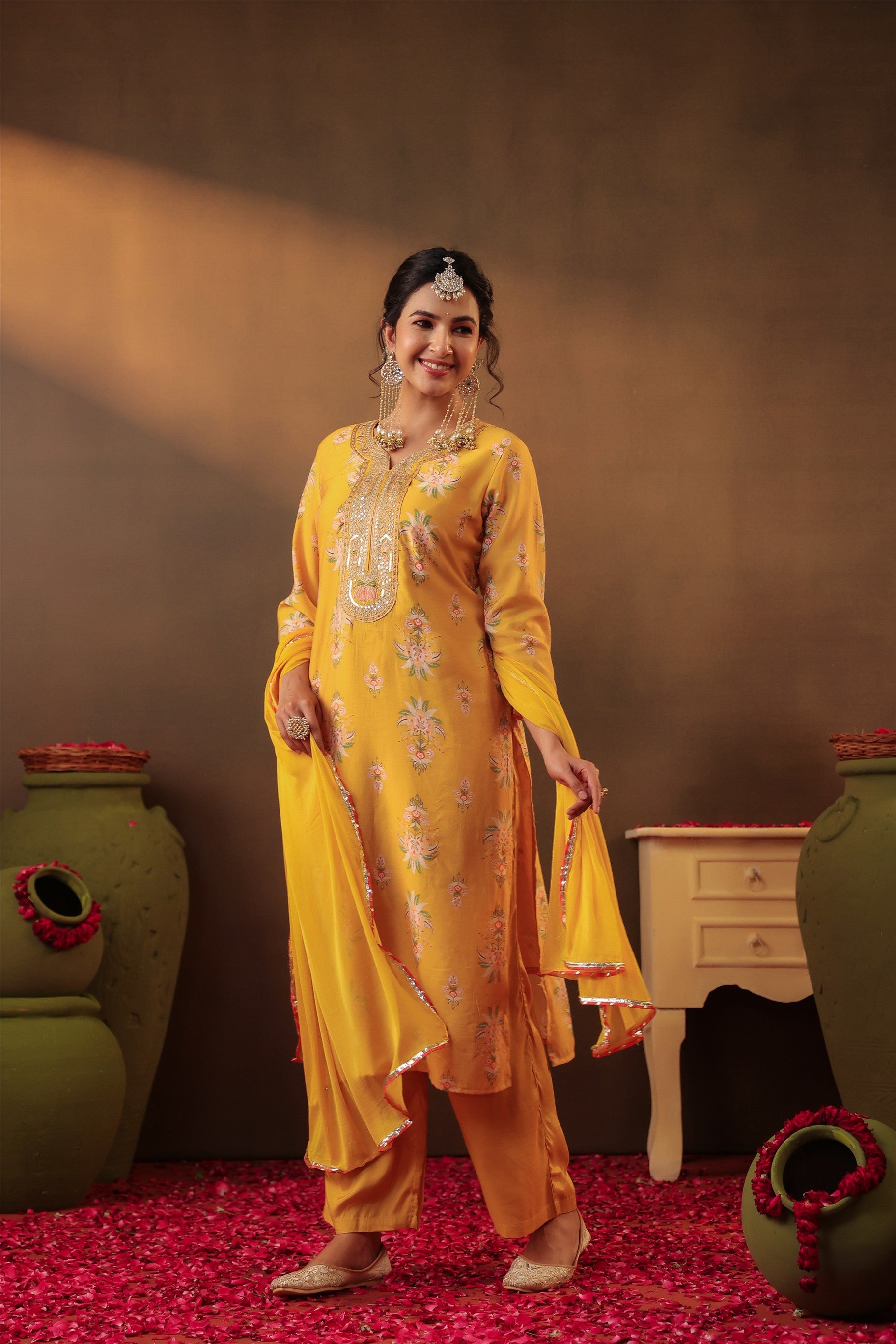 Mustard Floral Chanderi Silk Straight Suit