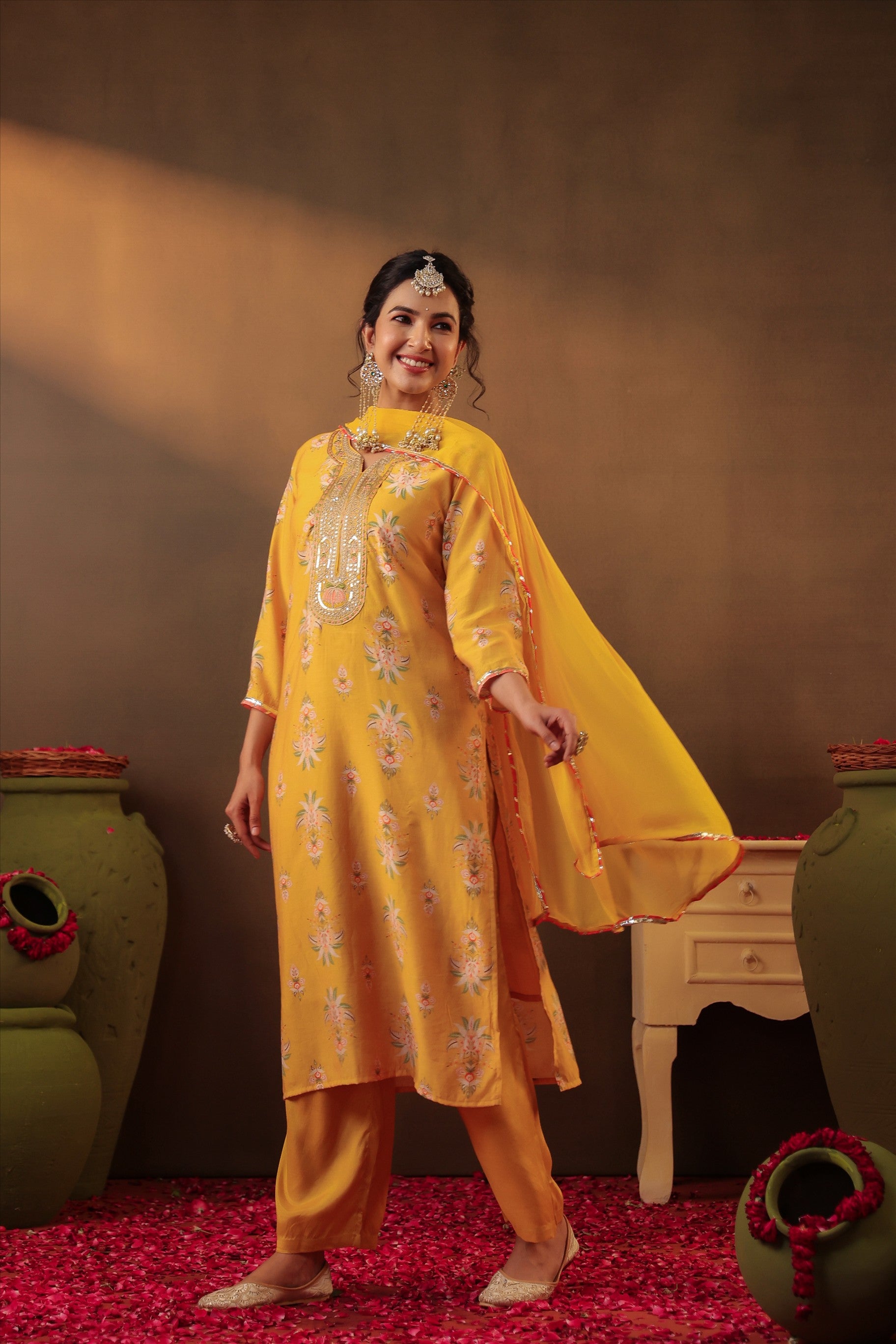 Mustard Floral Chanderi Silk Straight Suit
