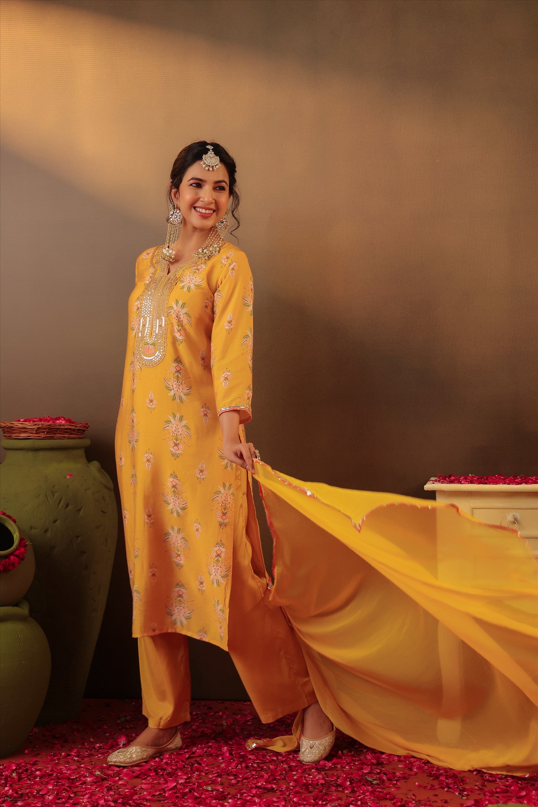 Mustard Floral Chanderi Silk Straight Suit