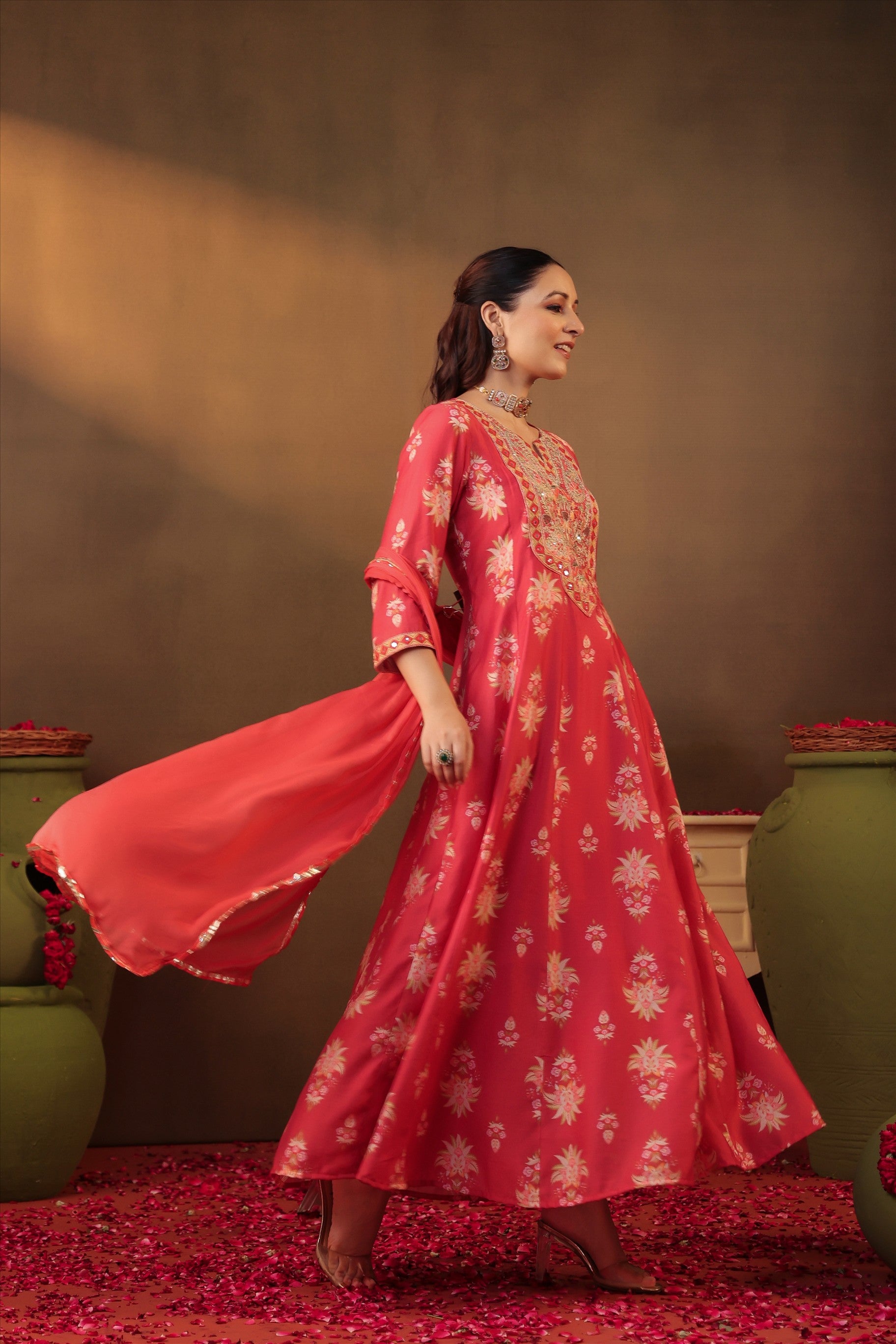 Coral Floral Embroidered Anarkali Kurta Set
