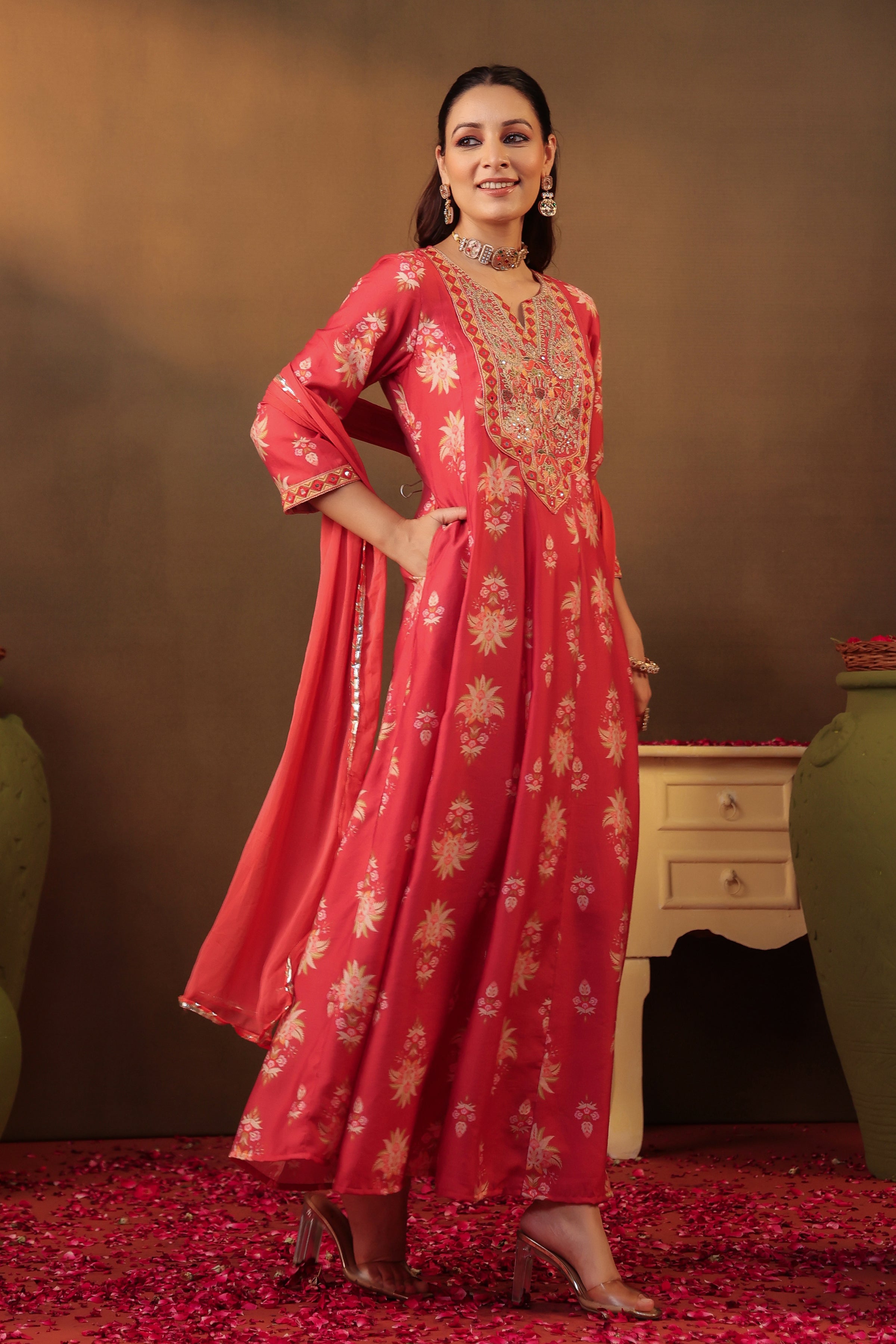 Coral Floral Embroidered Anarkali Kurta Set