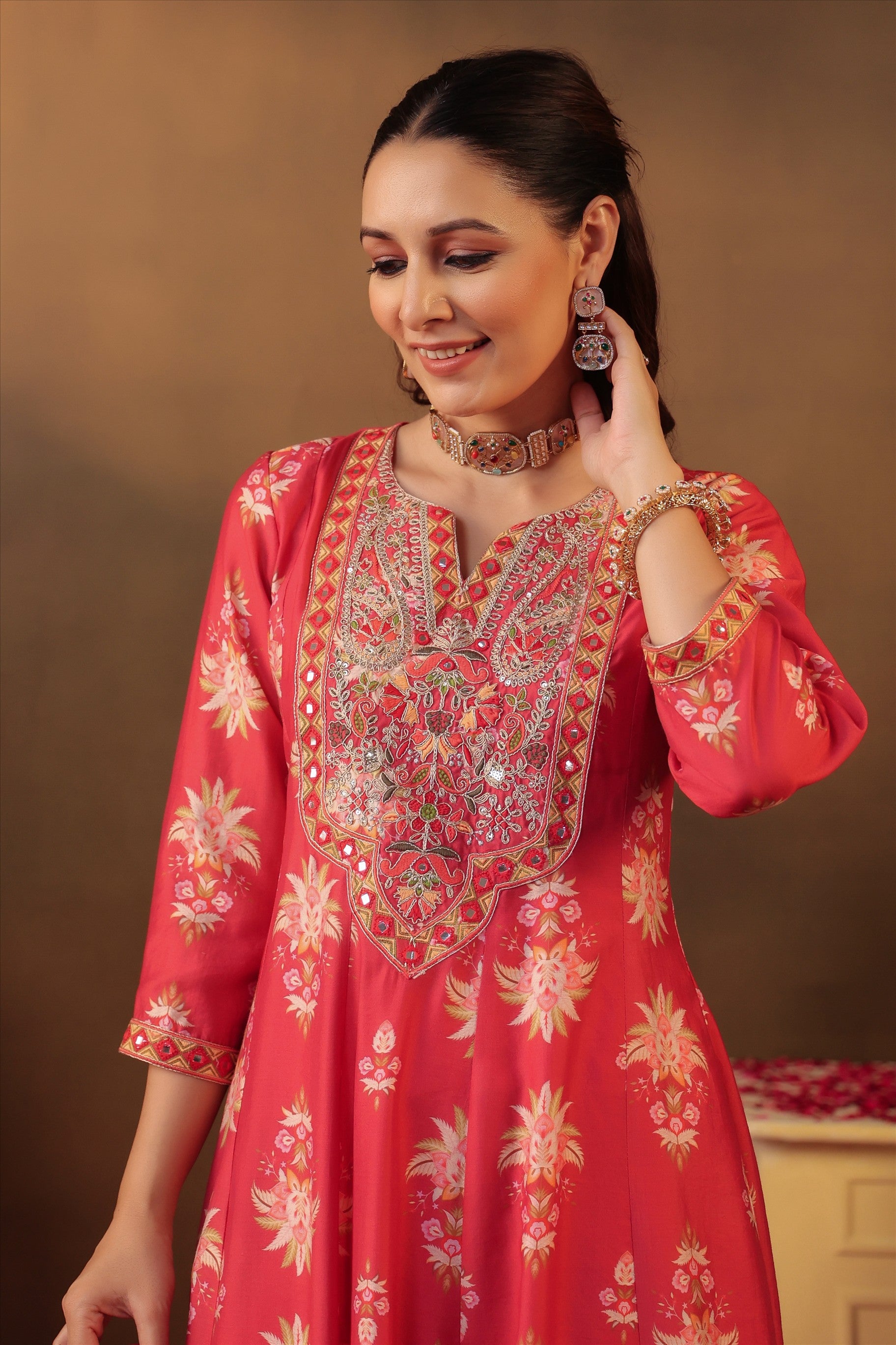 Coral Floral Embroidered Anarkali Kurta Set