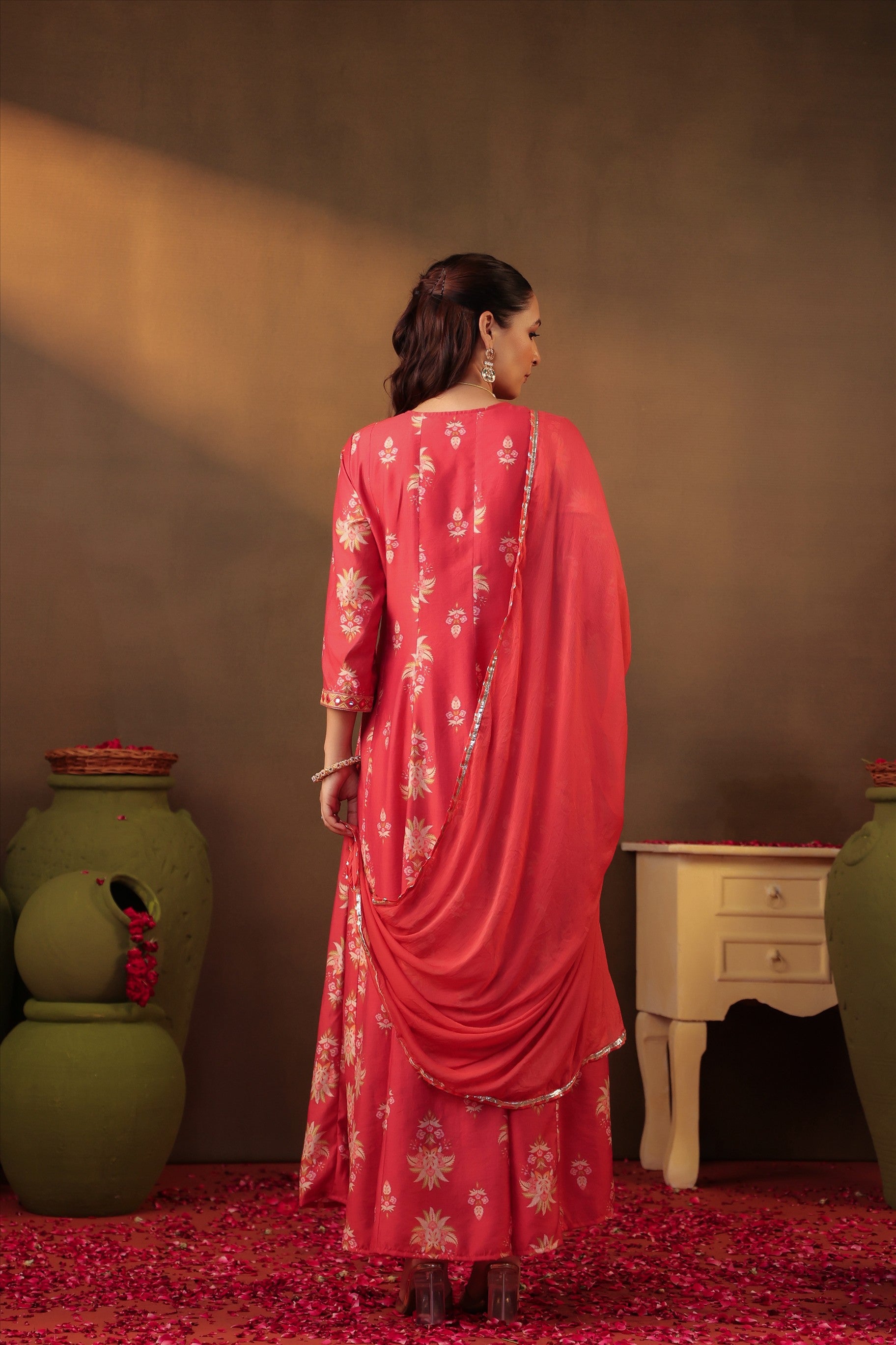 Coral Floral Embroidered Anarkali Kurta Set