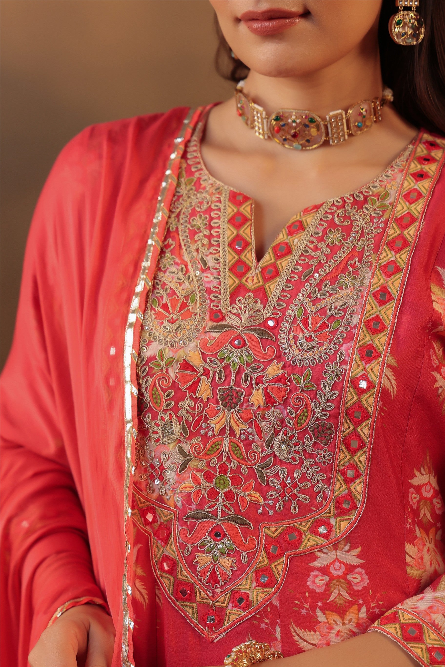 Coral Floral Embroidered Anarkali Kurta Set