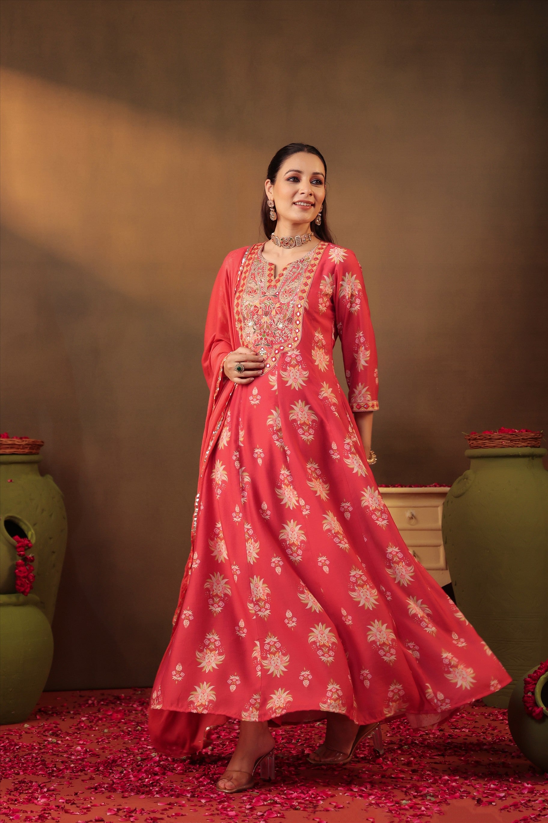 Coral Floral Embroidered Anarkali Kurta Set