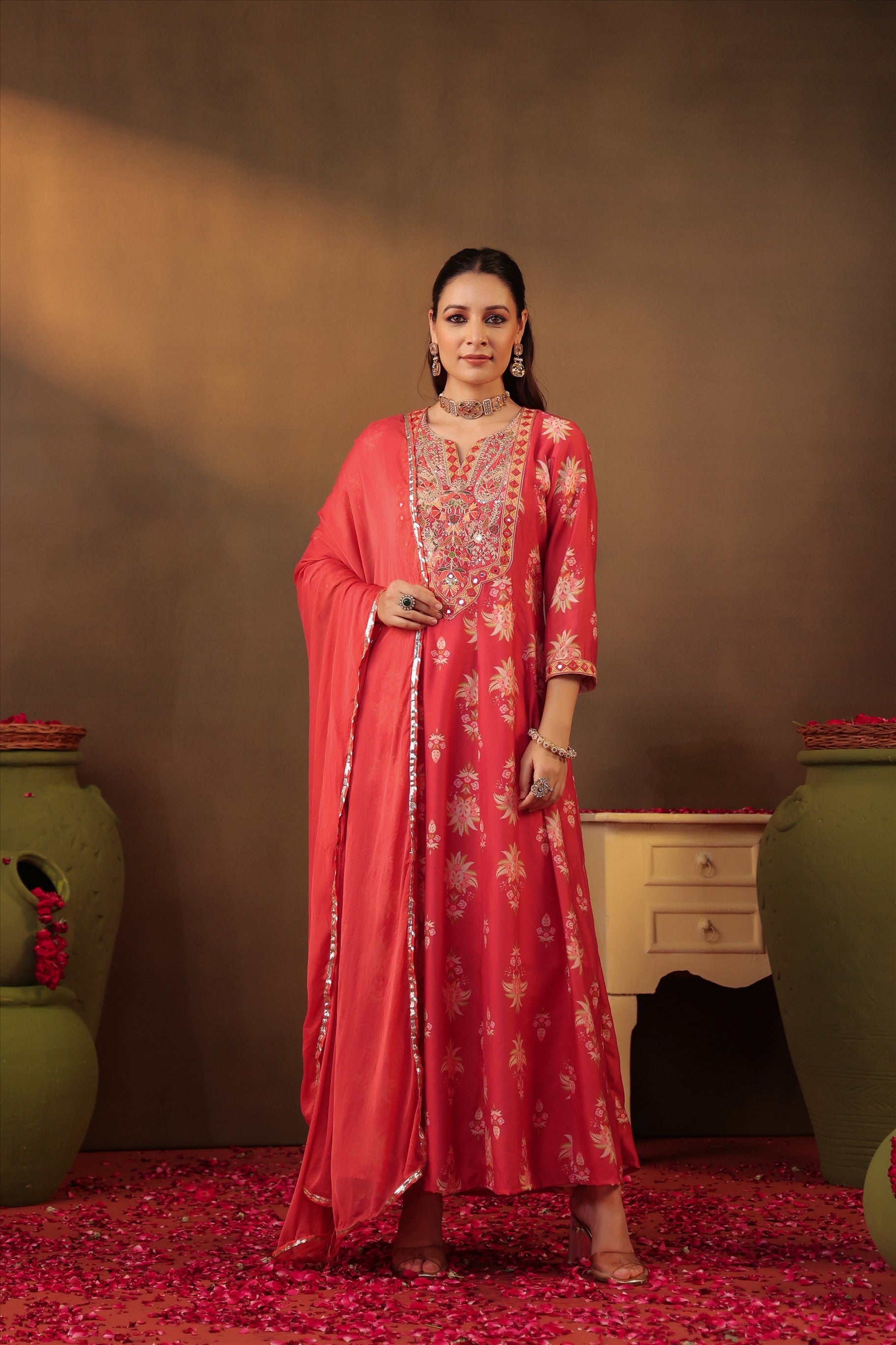 Coral Floral Embroidered Anarkali Kurta Set