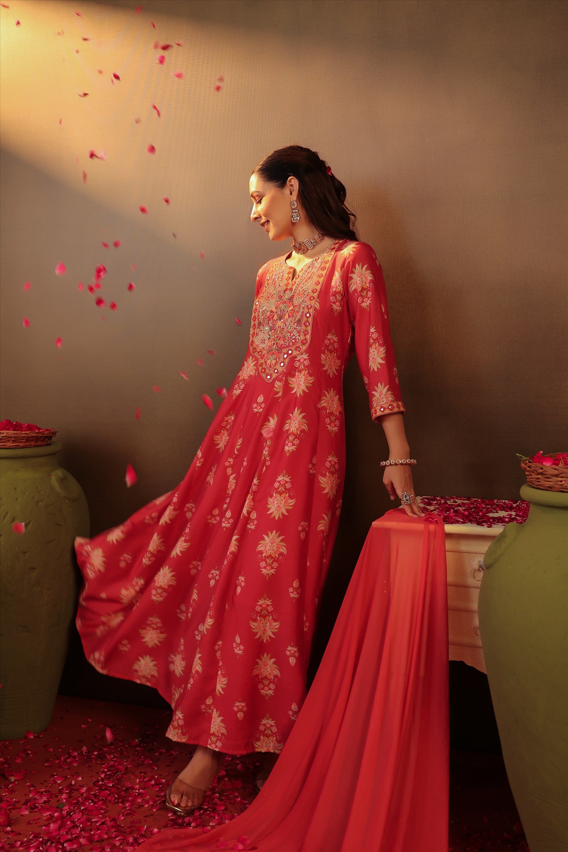 Coral Floral Embroidered Anarkali Kurta Set