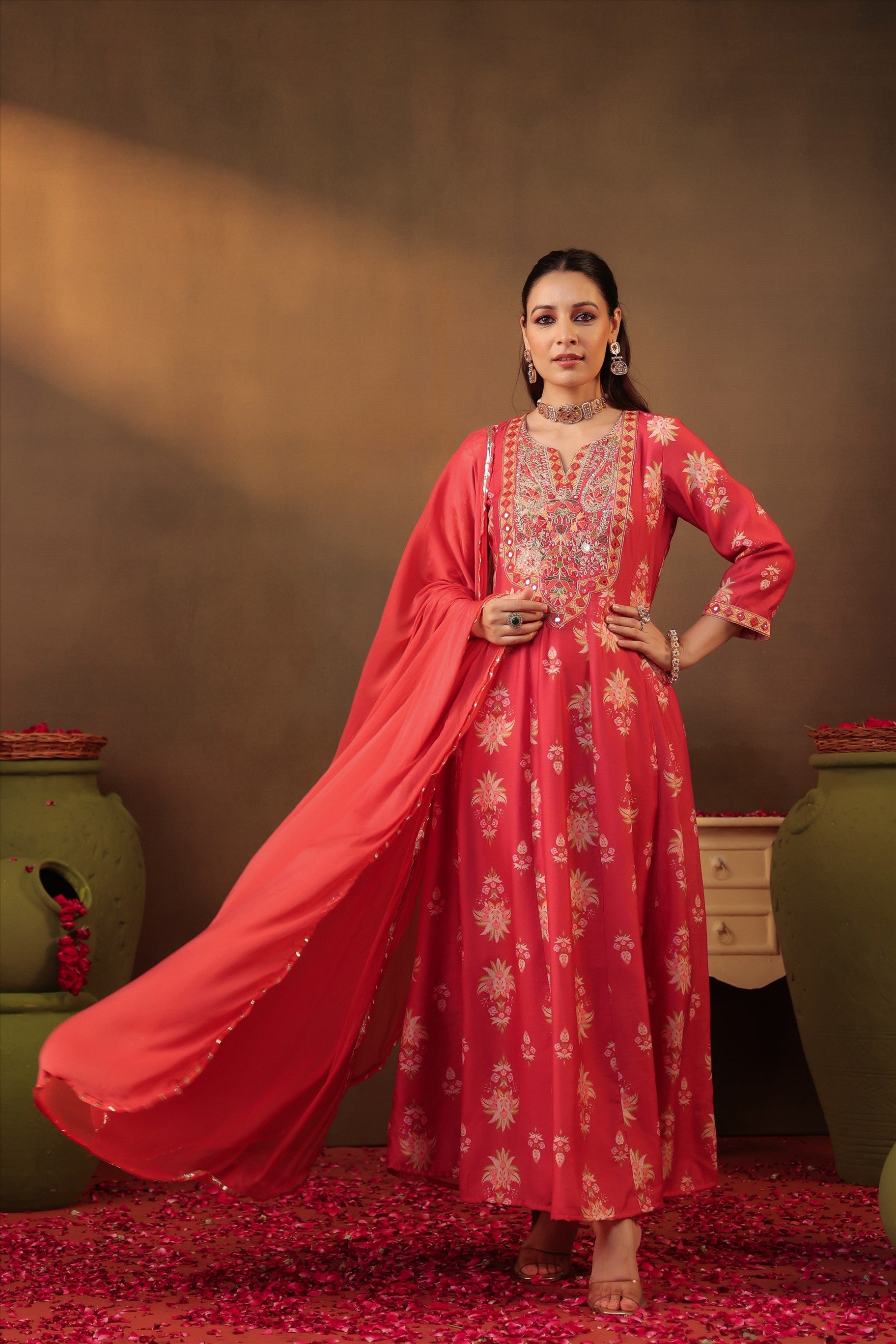 Coral Floral Embroidered Anarkali Kurta Set