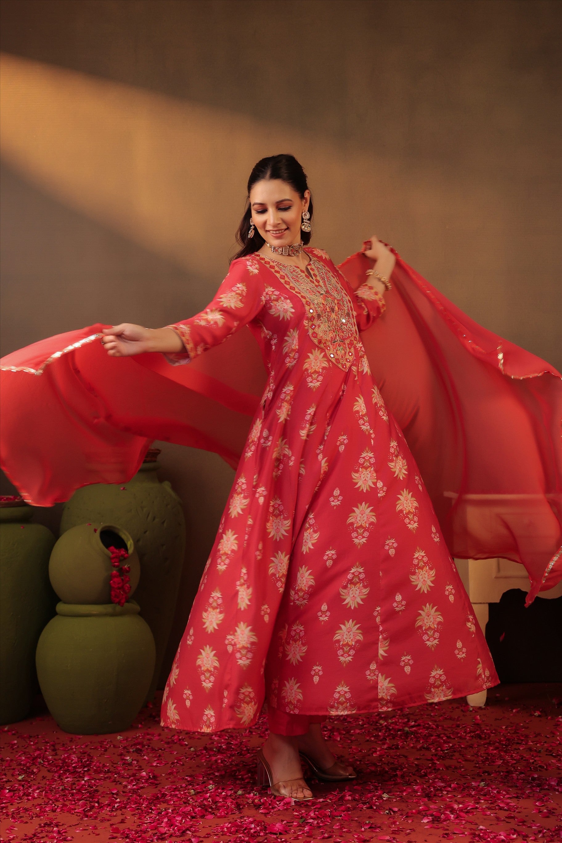 Coral Floral Embroidered Anarkali Kurta Set