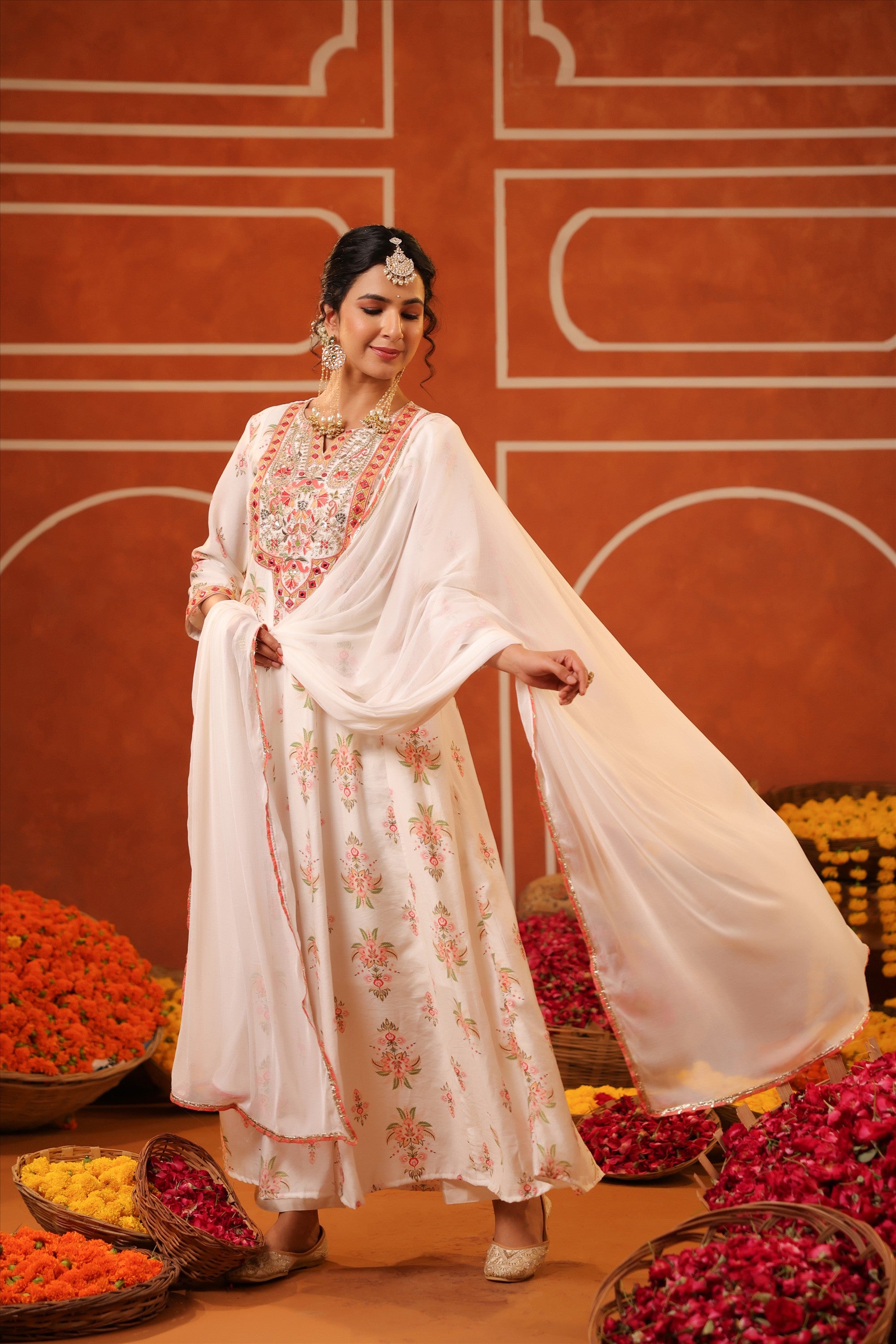 Ivory Floral Embroidered Anarkali Kurta Set