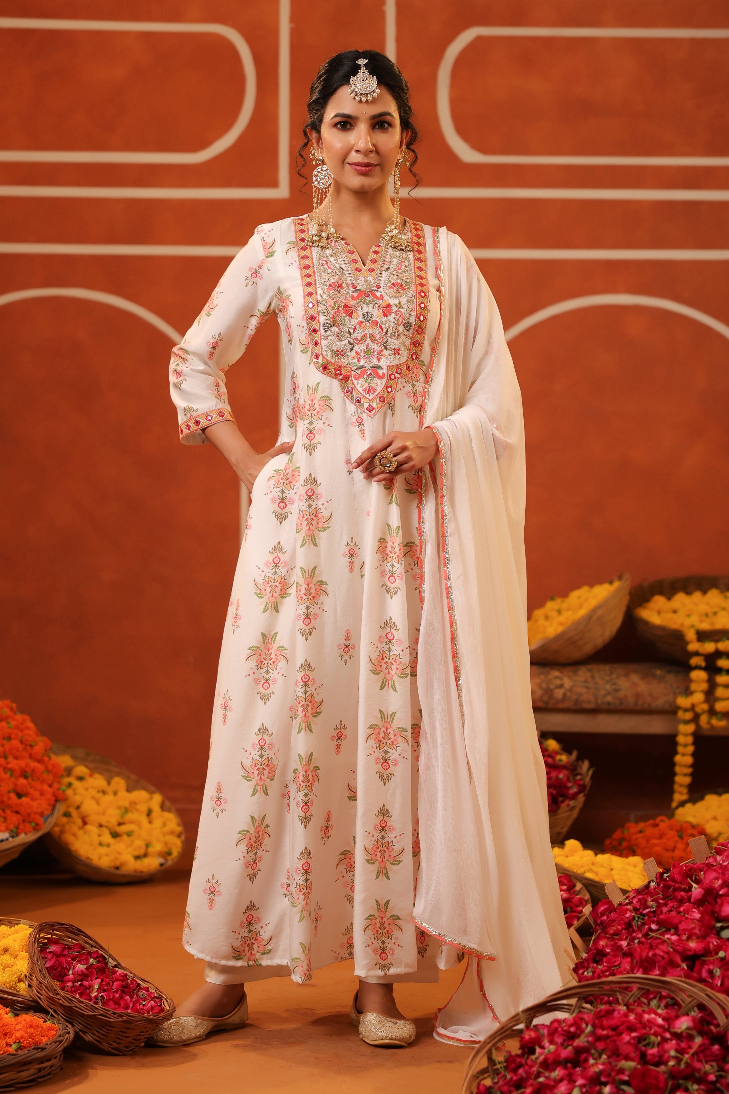 Ivory Floral Embroidered Anarkali Kurta Set