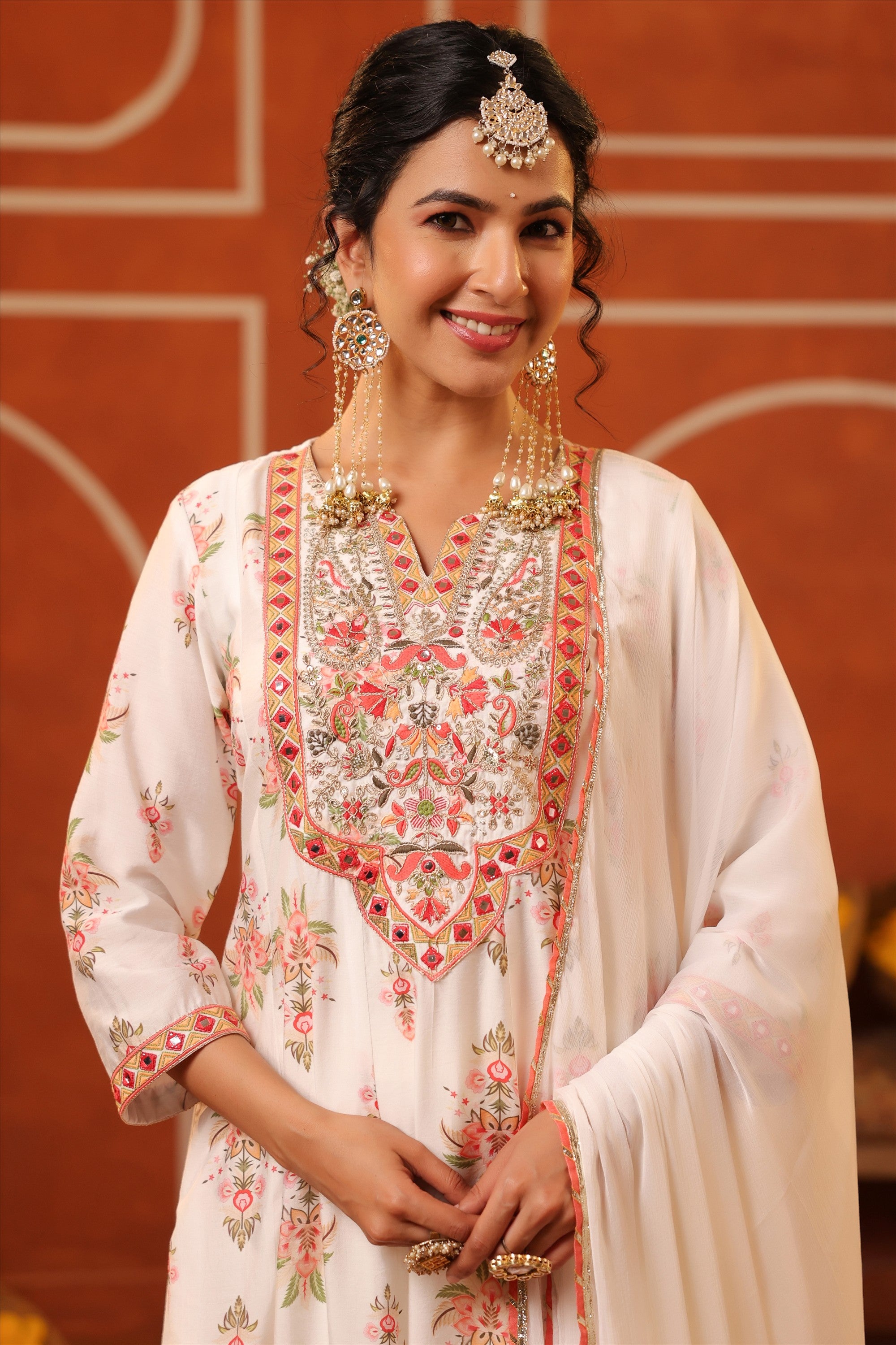 Ivory Floral Embroidered Anarkali Kurta Set