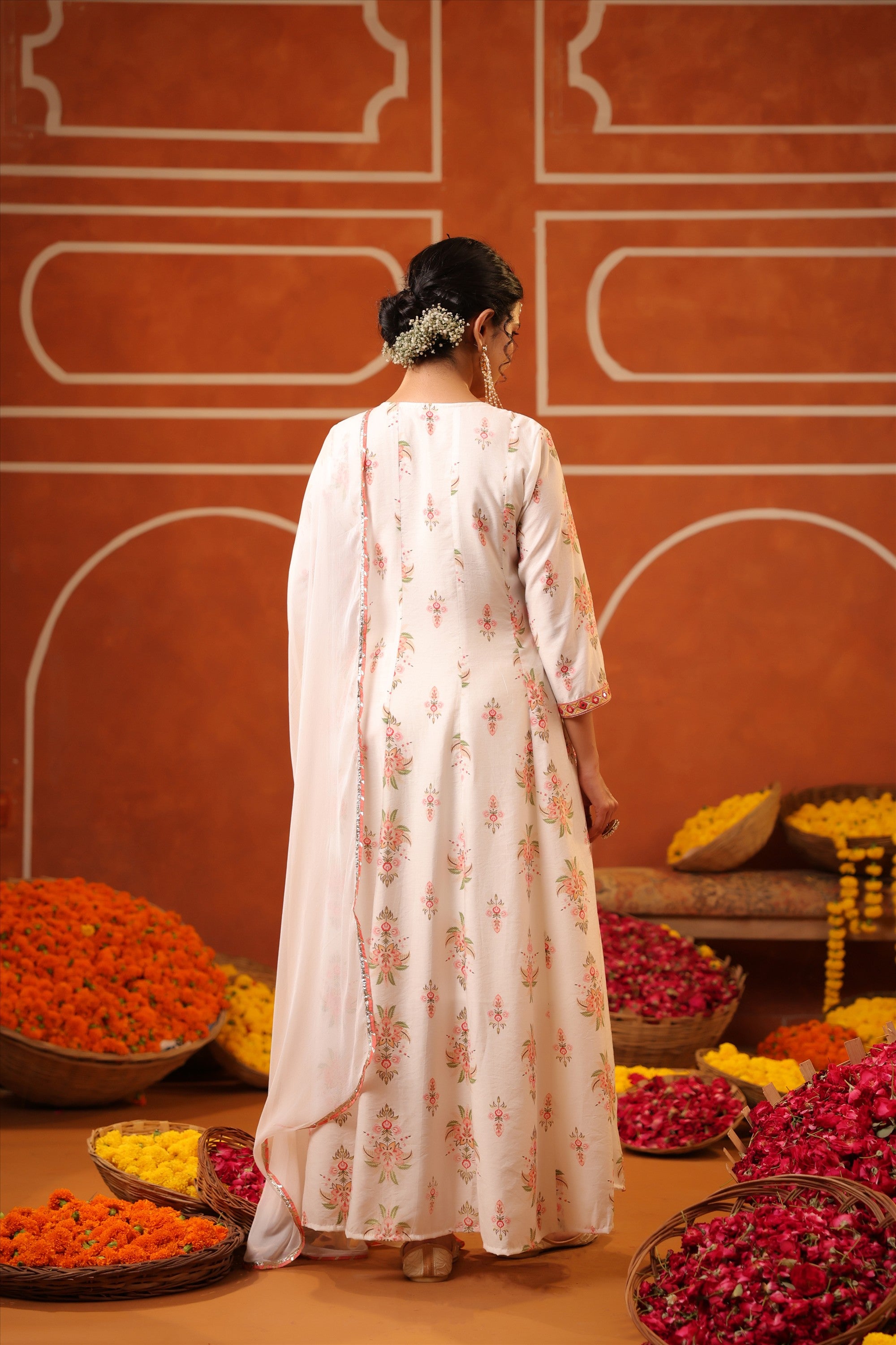 Ivory Floral Embroidered Anarkali Kurta Set