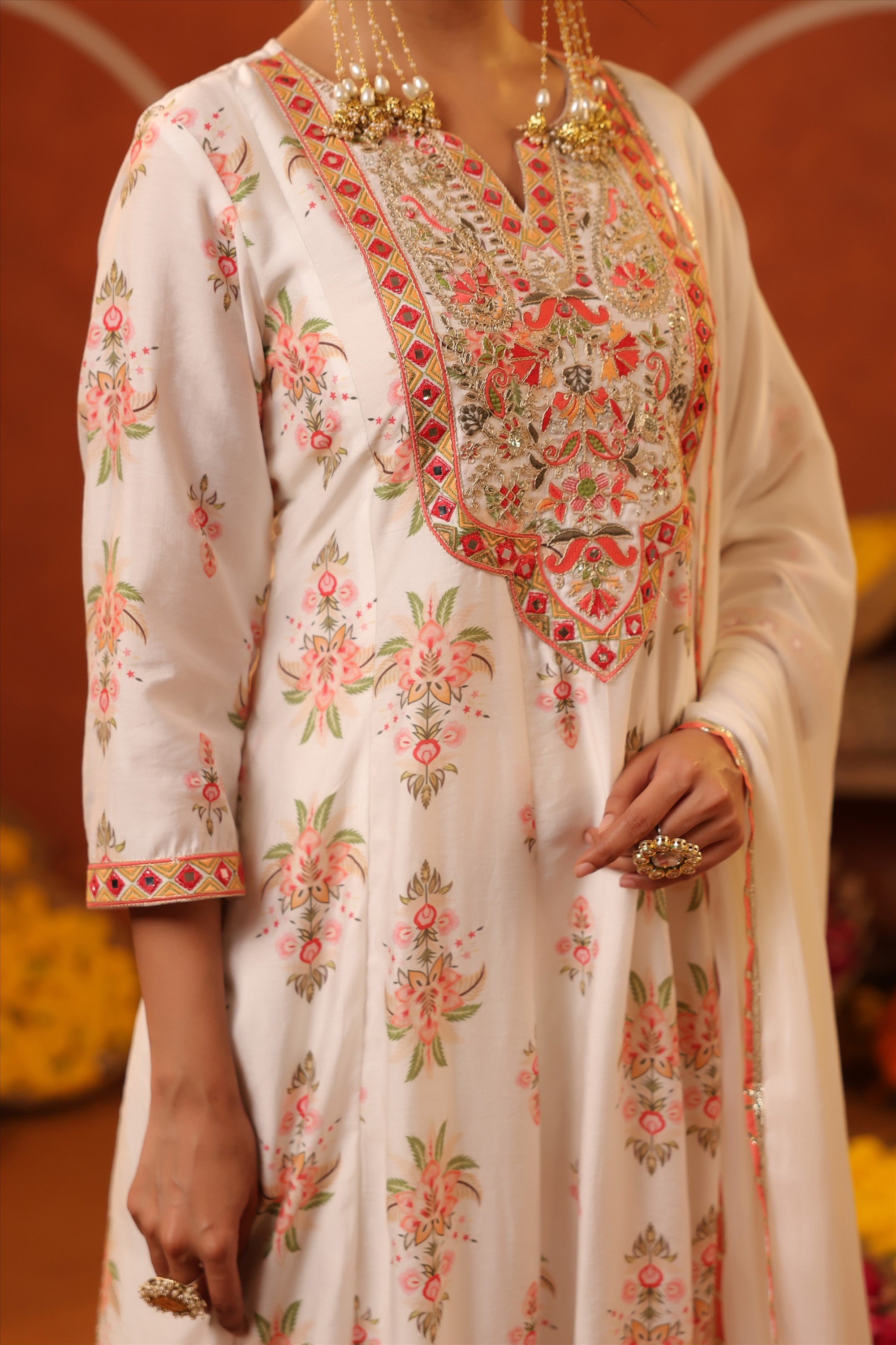 Ivory Floral Embroidered Anarkali Kurta Set