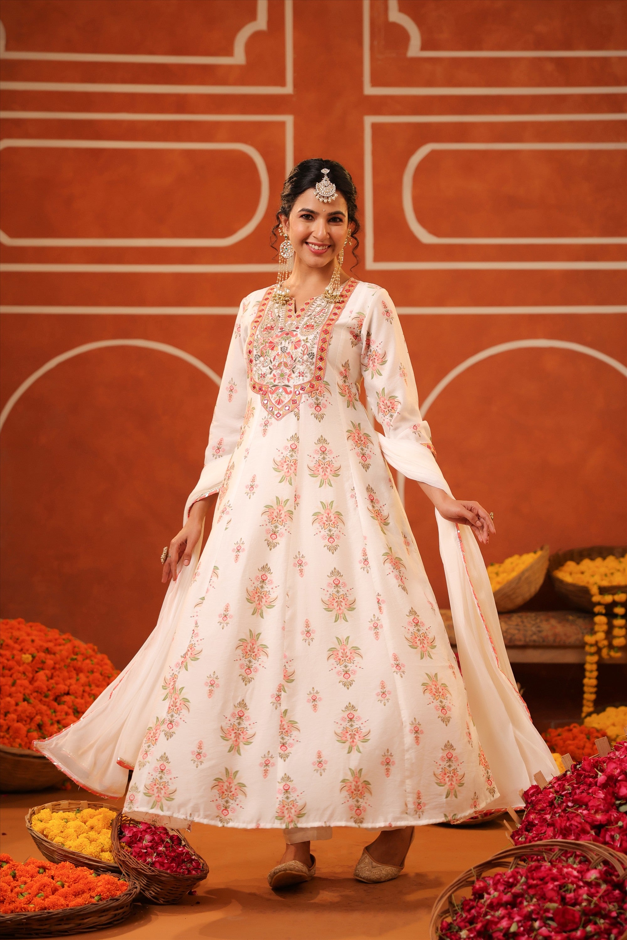 Ivory Floral Embroidered Anarkali Kurta Set