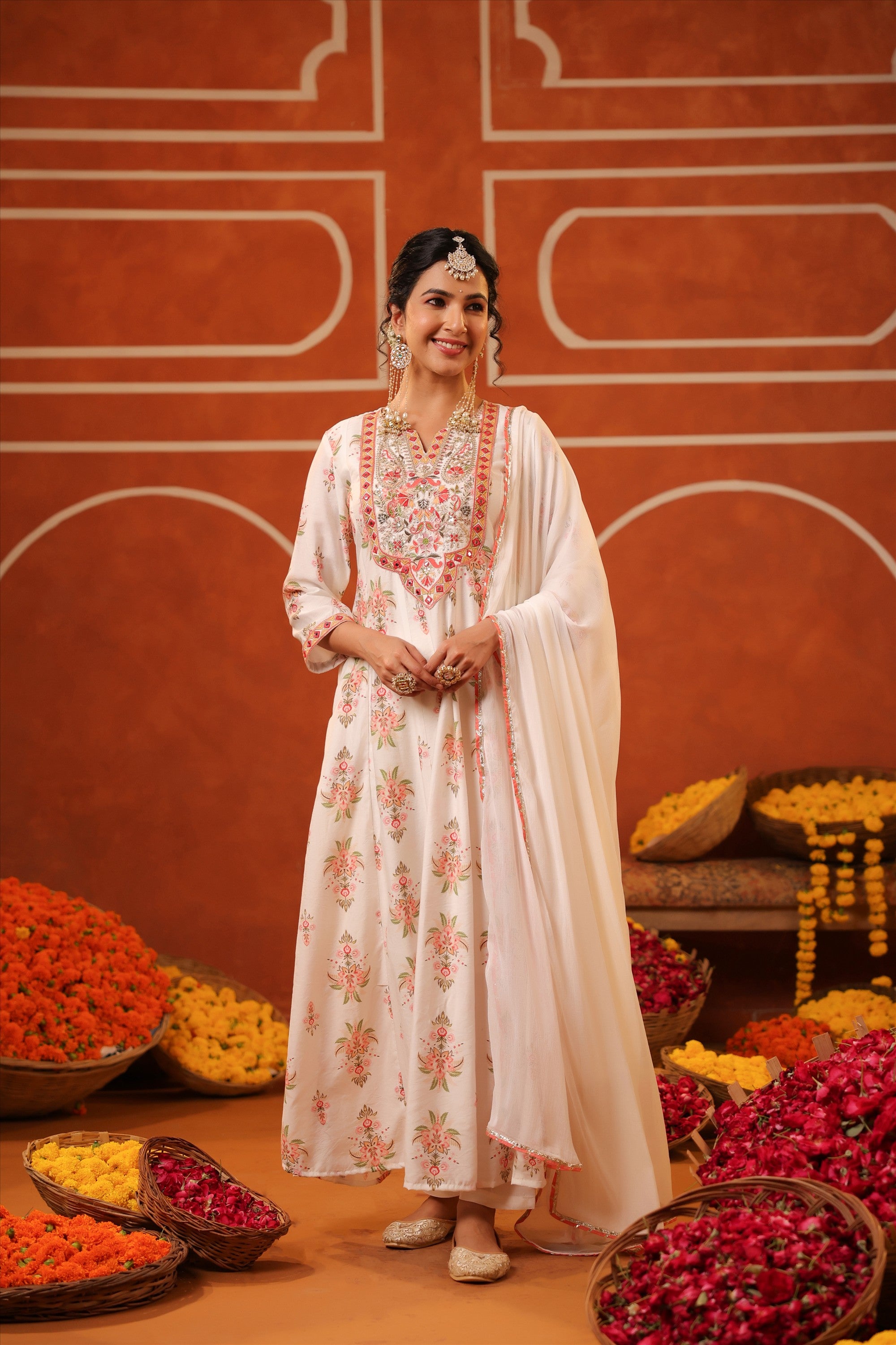 Ivory Floral Embroidered Anarkali Kurta Set