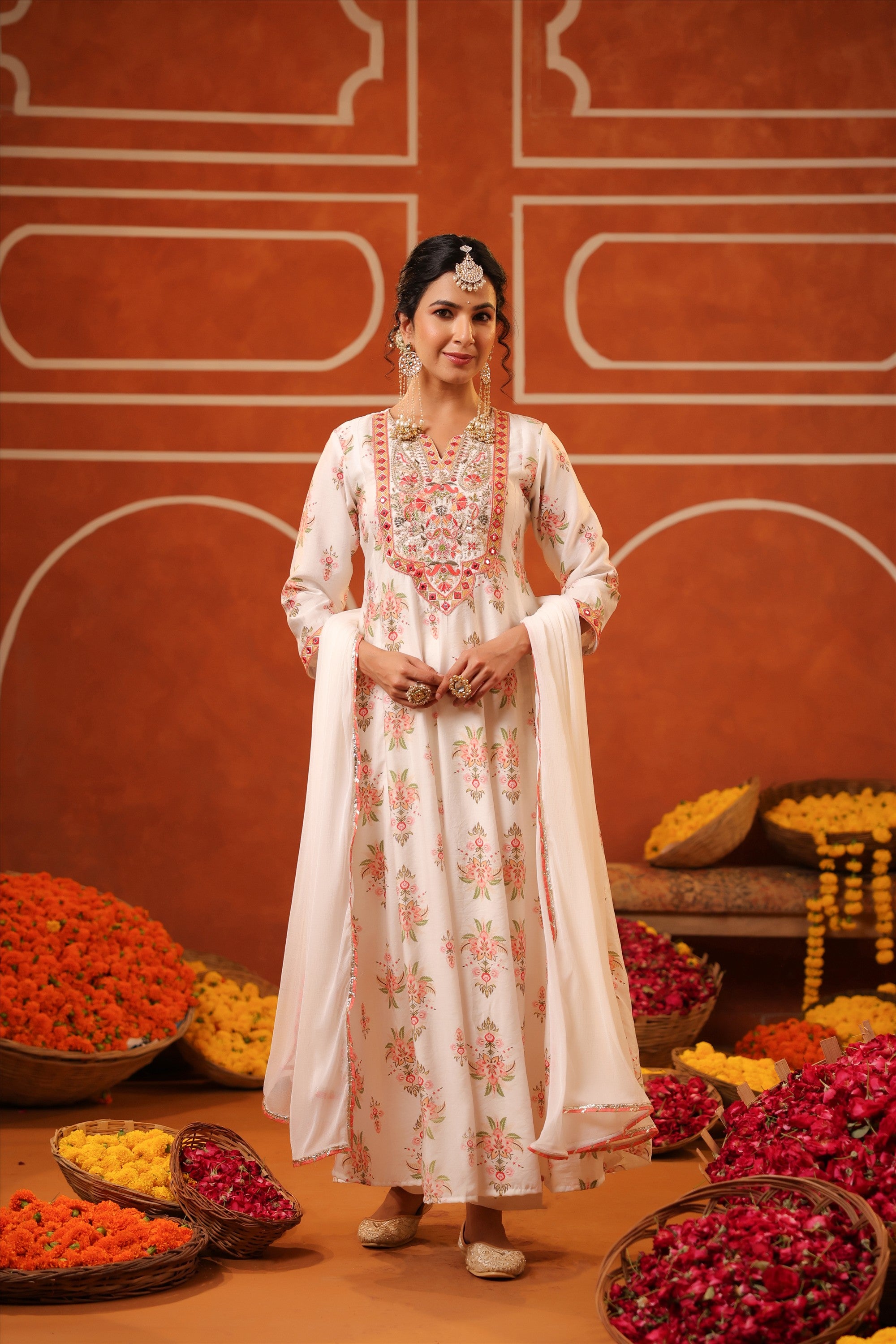 Ivory Floral Embroidered Anarkali Kurta Set