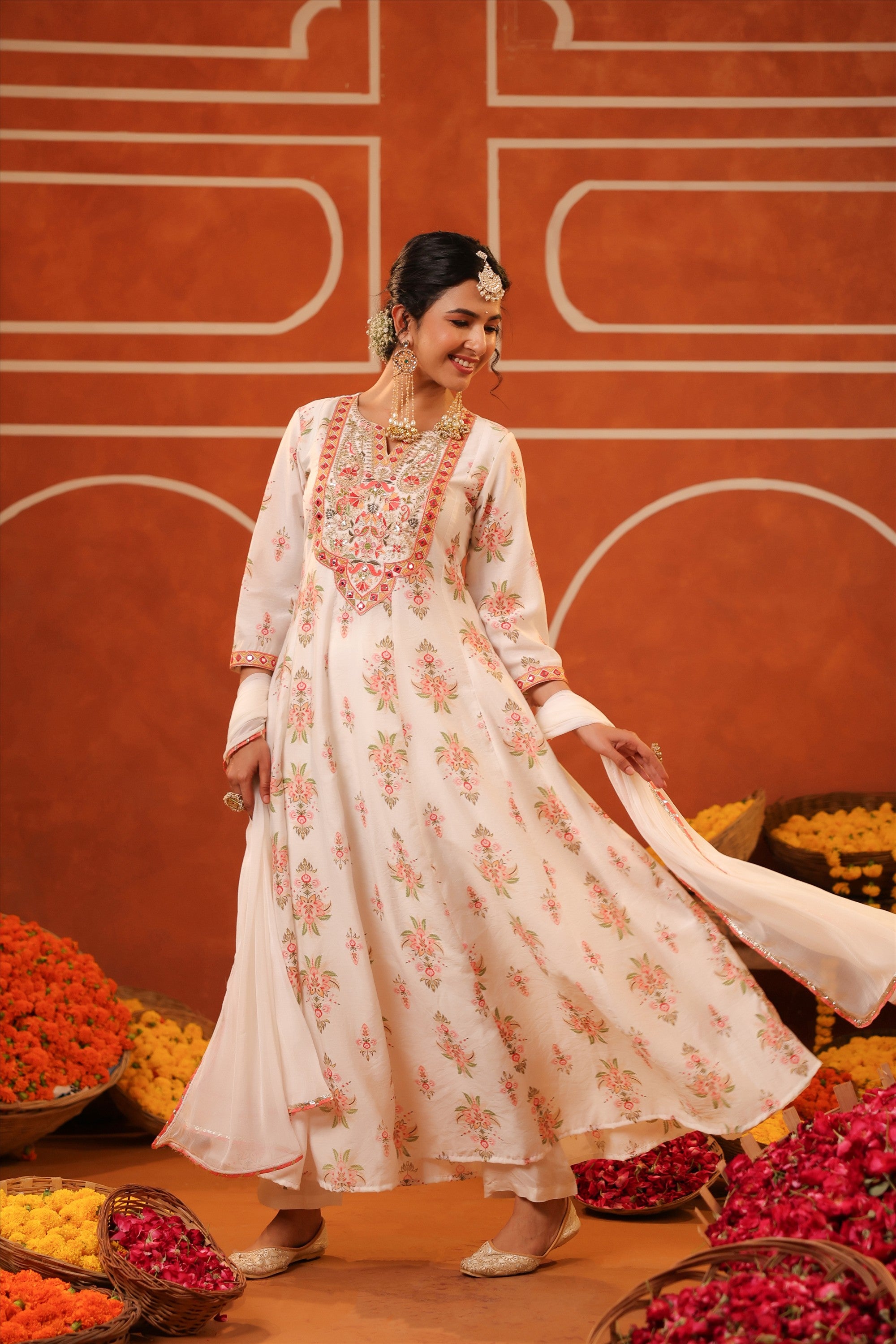 Ivory Floral Embroidered Anarkali Kurta Set