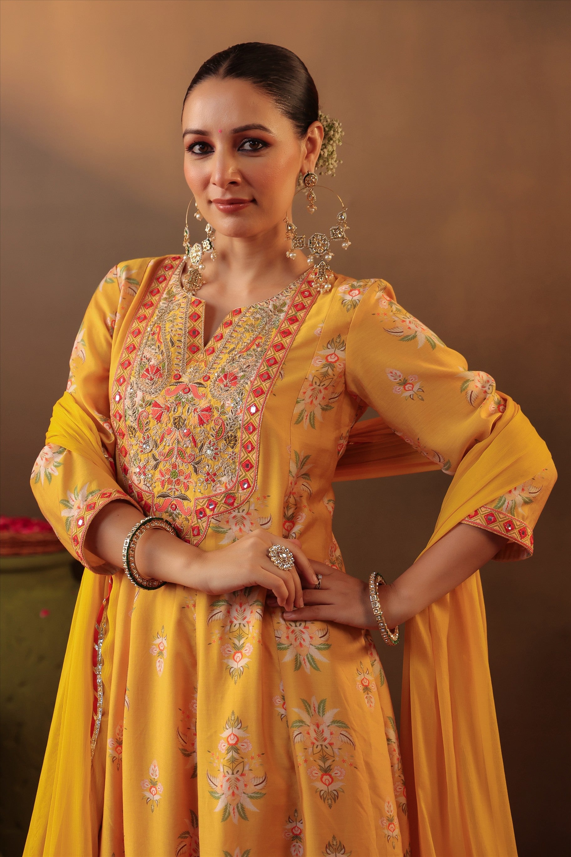 Mustard Floral Embroidered Anarkali Kurta Set
