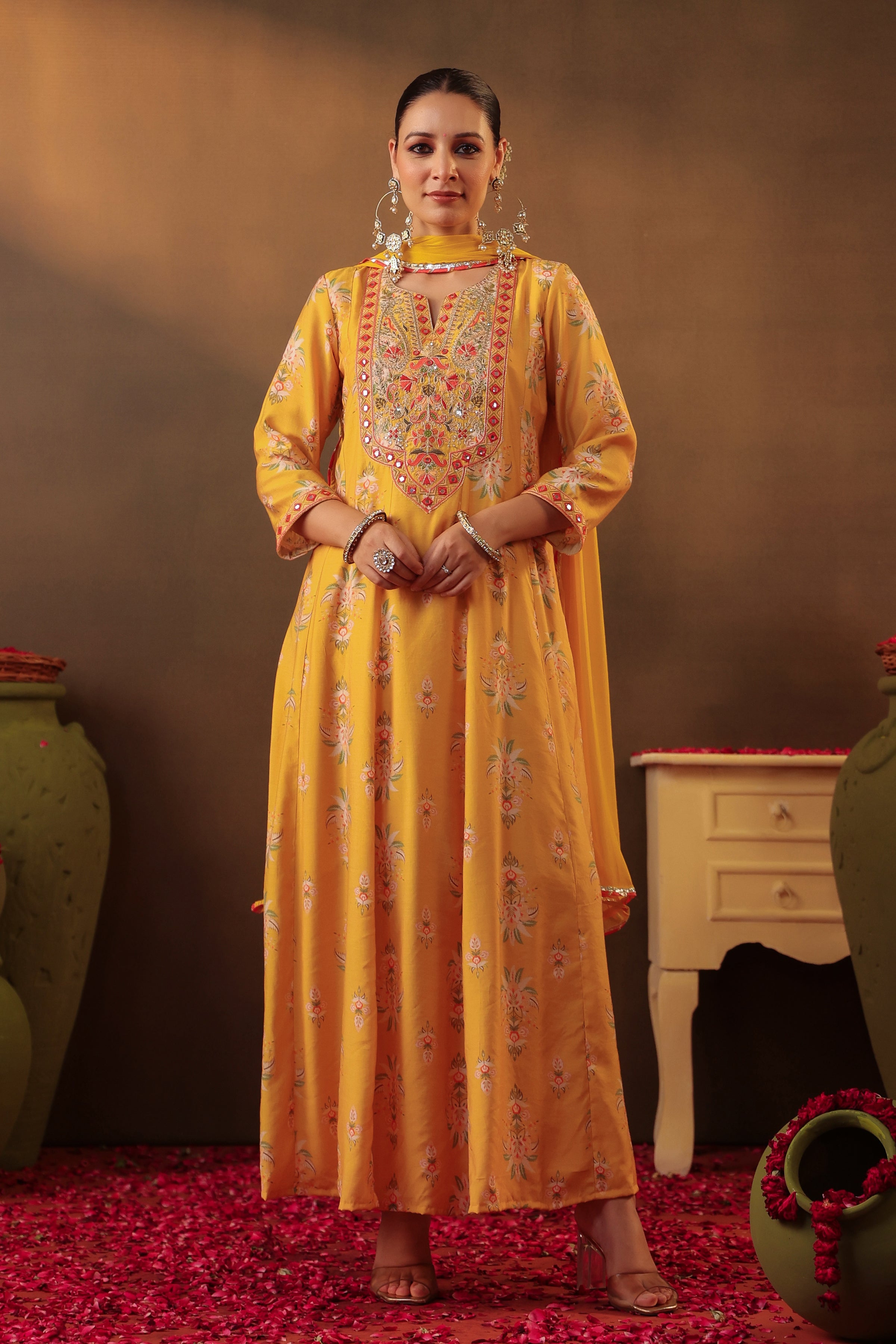 Mustard Floral Embroidered Anarkali Kurta Set