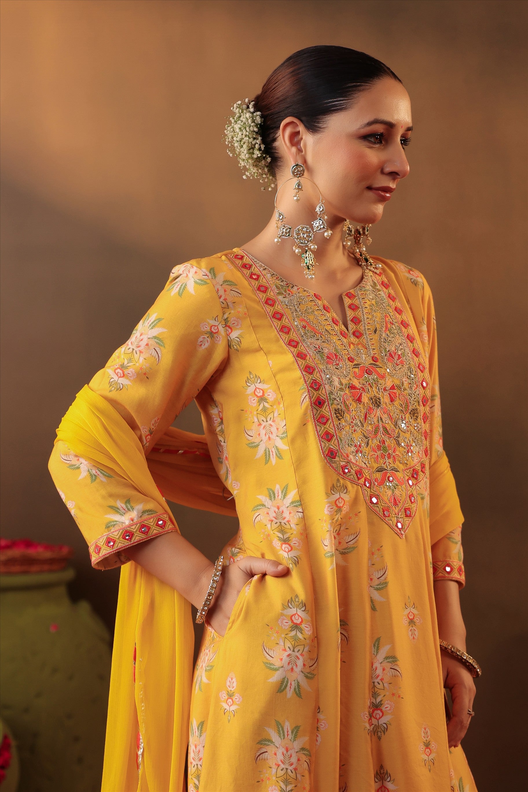 Mustard Floral Embroidered Anarkali Kurta Set