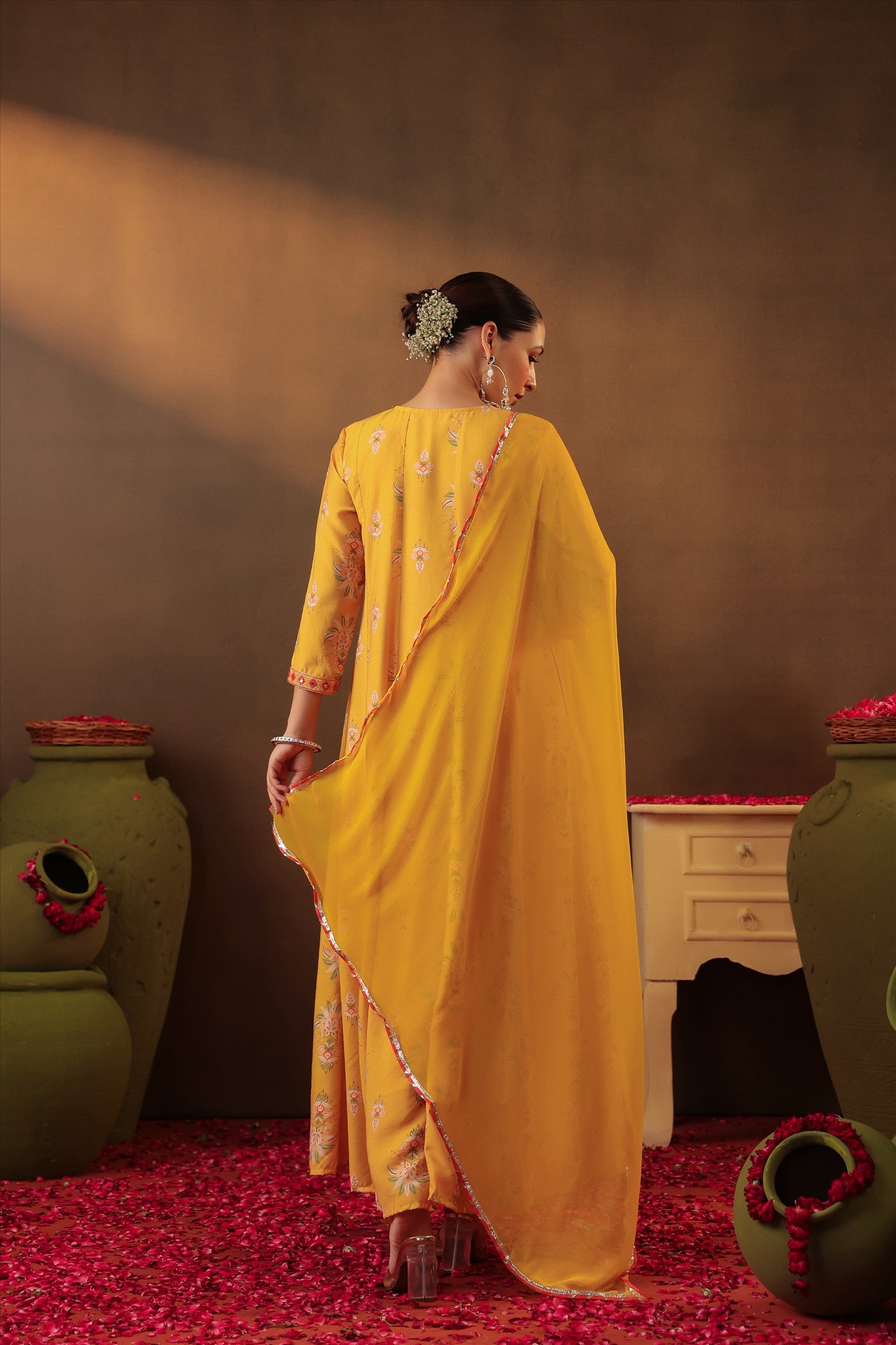 Mustard Floral Embroidered Anarkali Kurta Set