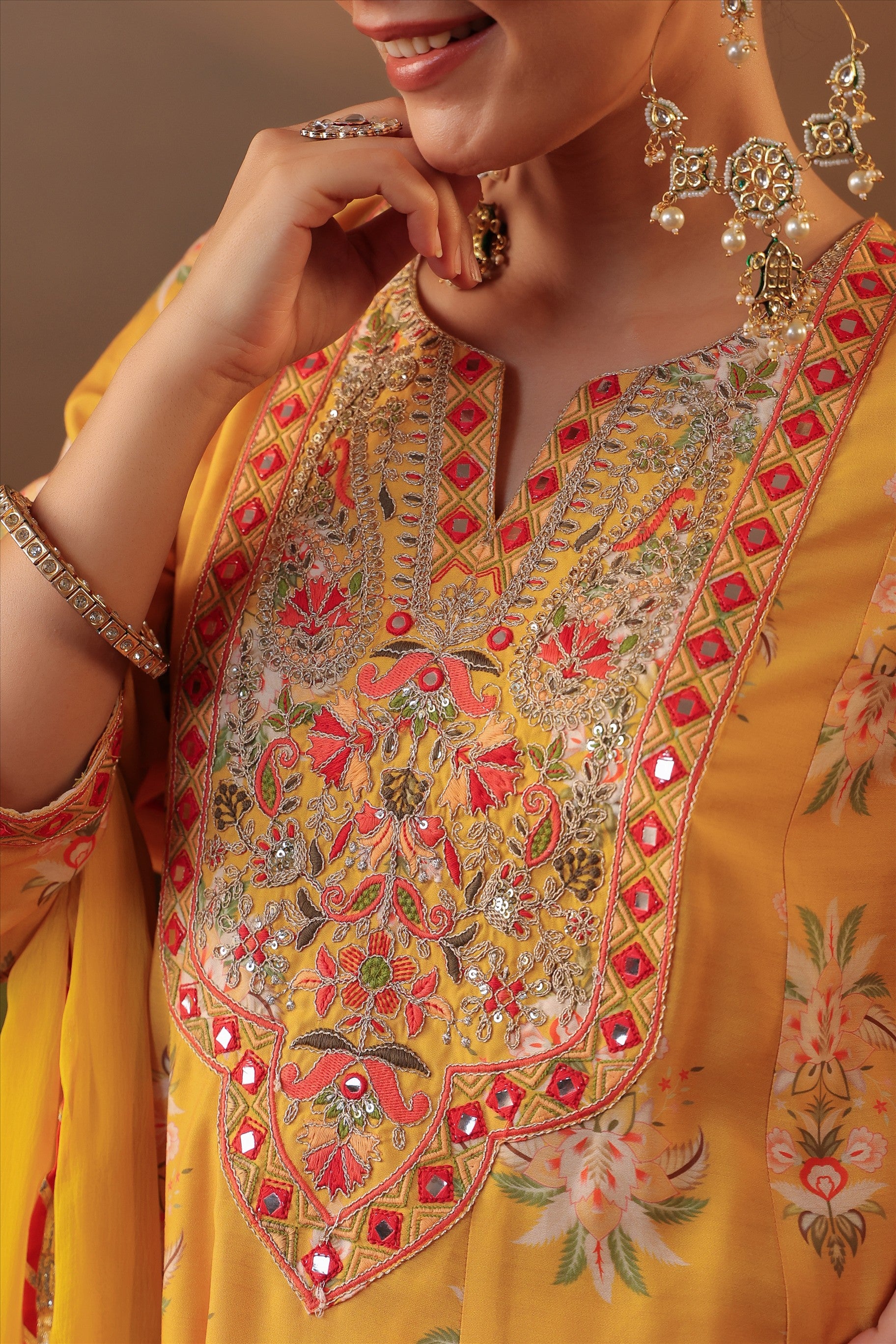 Mustard Floral Embroidered Anarkali Kurta Set