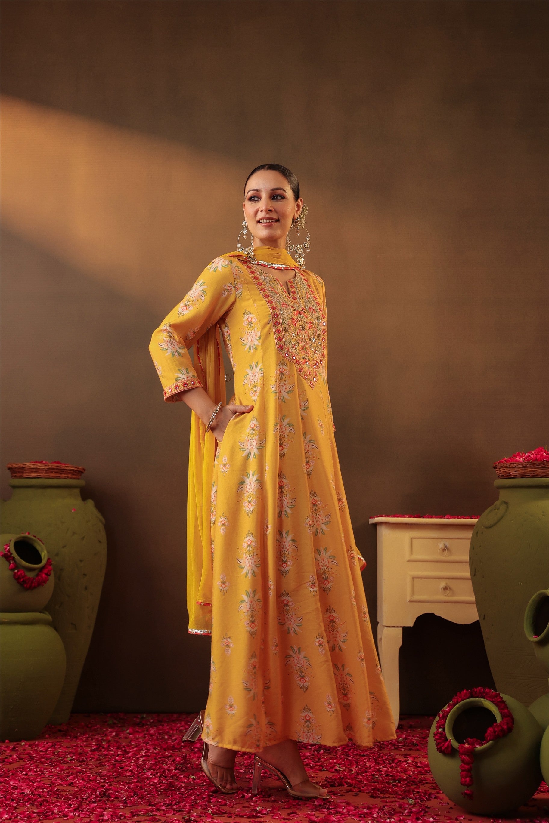 Mustard Floral Embroidered Anarkali Kurta Set
