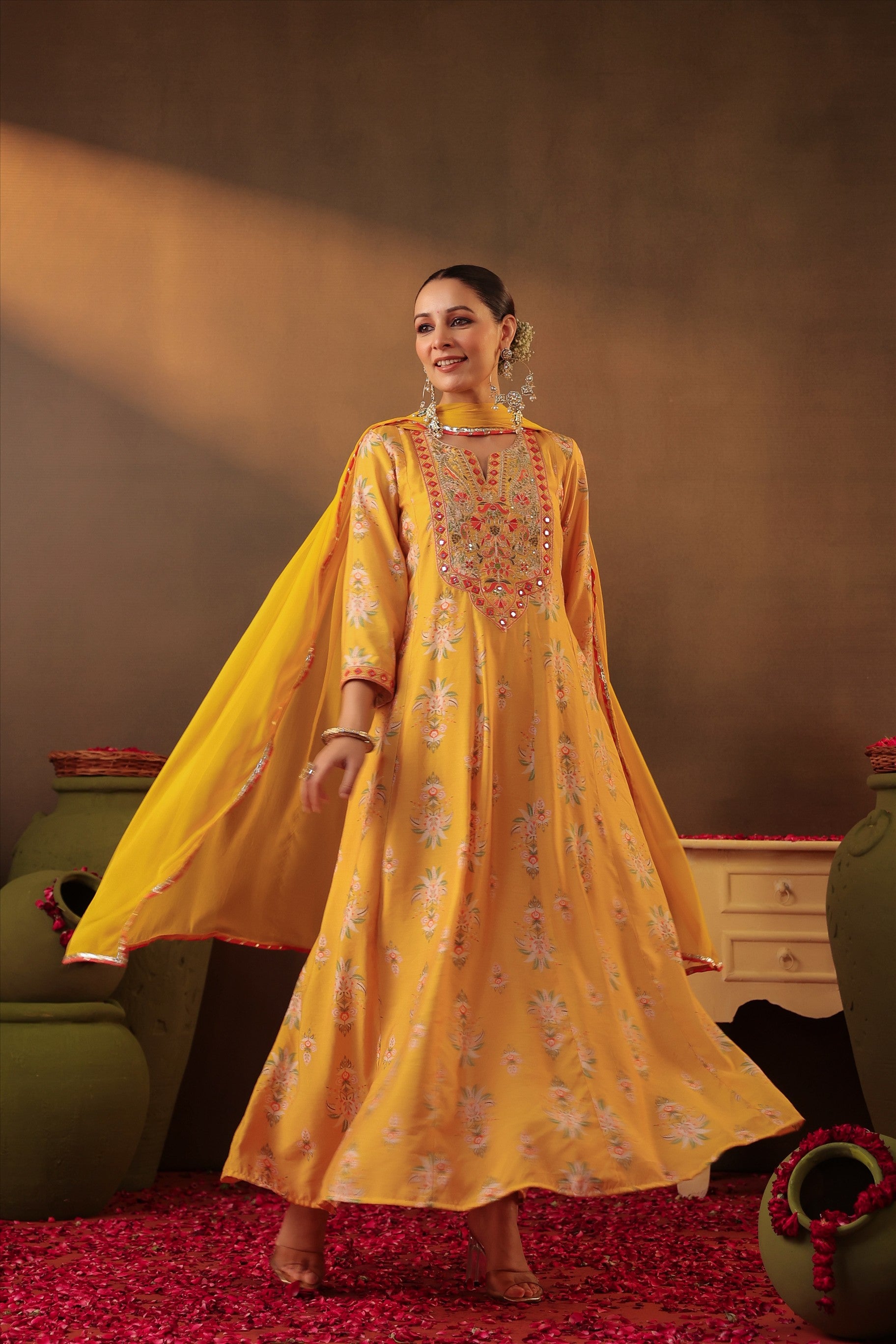 Mustard Floral Embroidered Anarkali Kurta Set