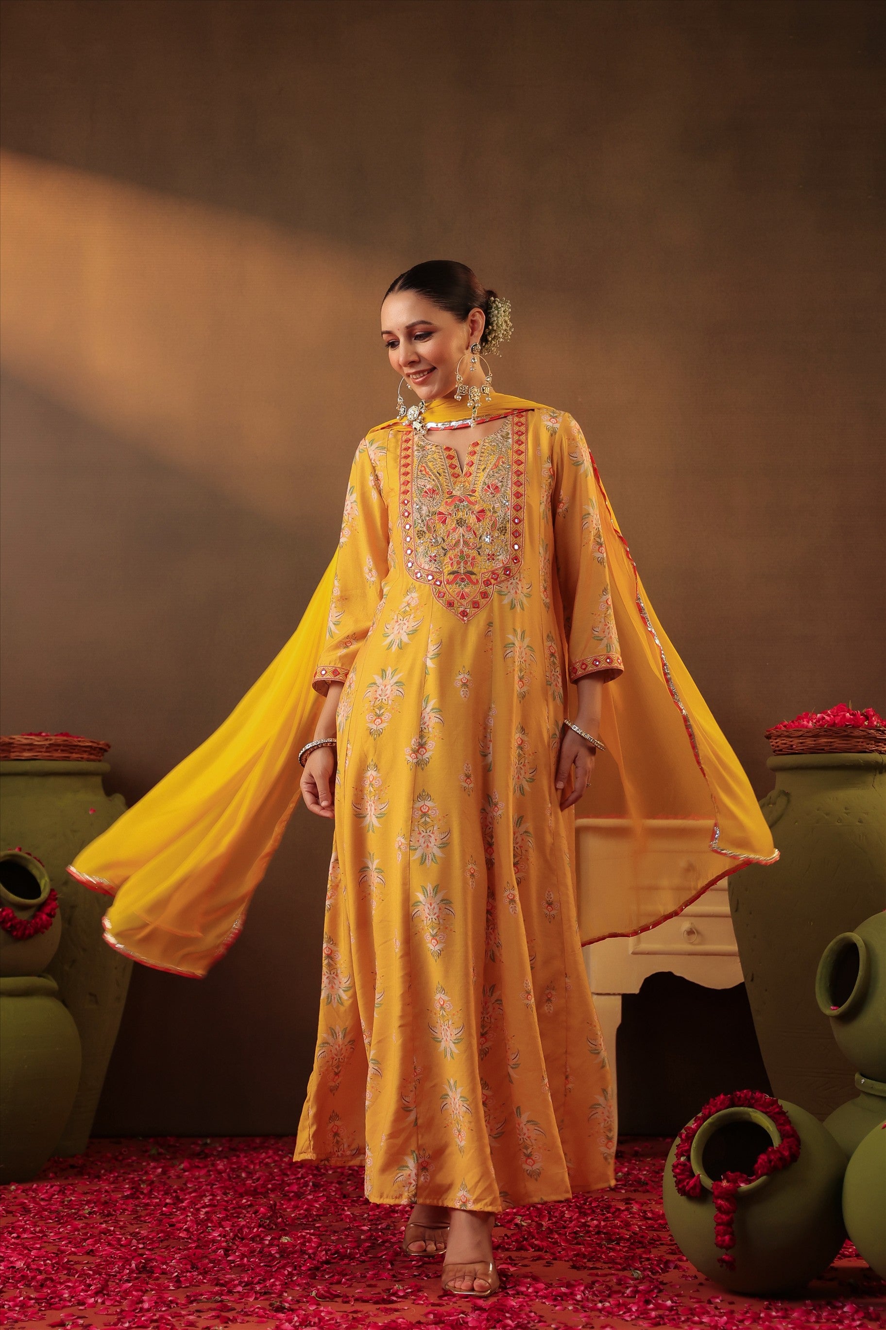 Mustard Floral Embroidered Anarkali Kurta Set
