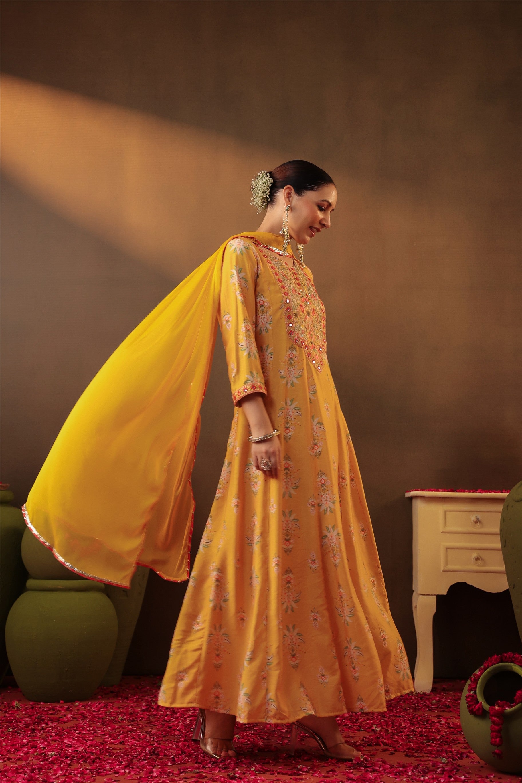 Mustard Floral Embroidered Anarkali Kurta Set