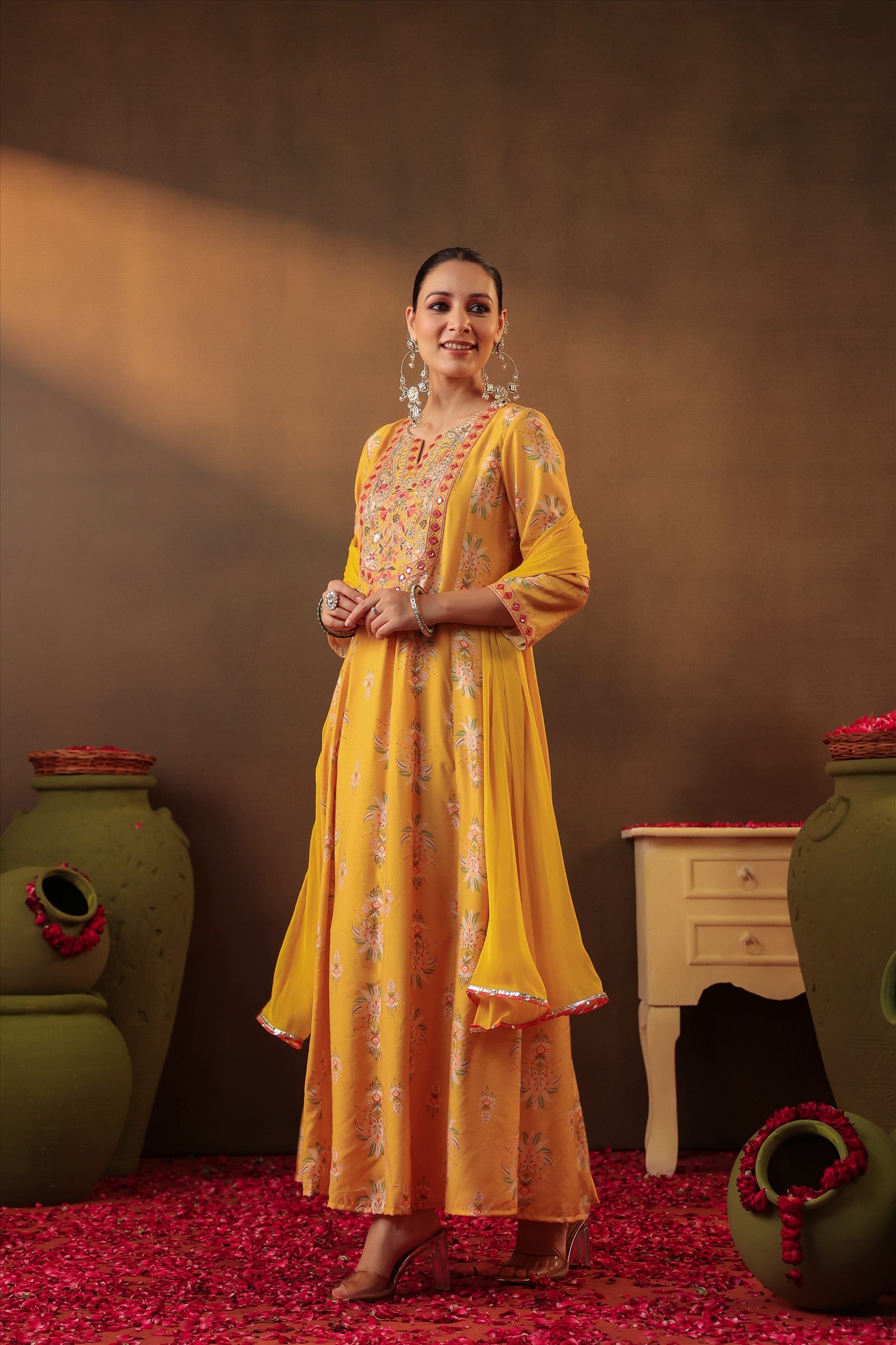 Mustard Floral Embroidered Anarkali Kurta Set