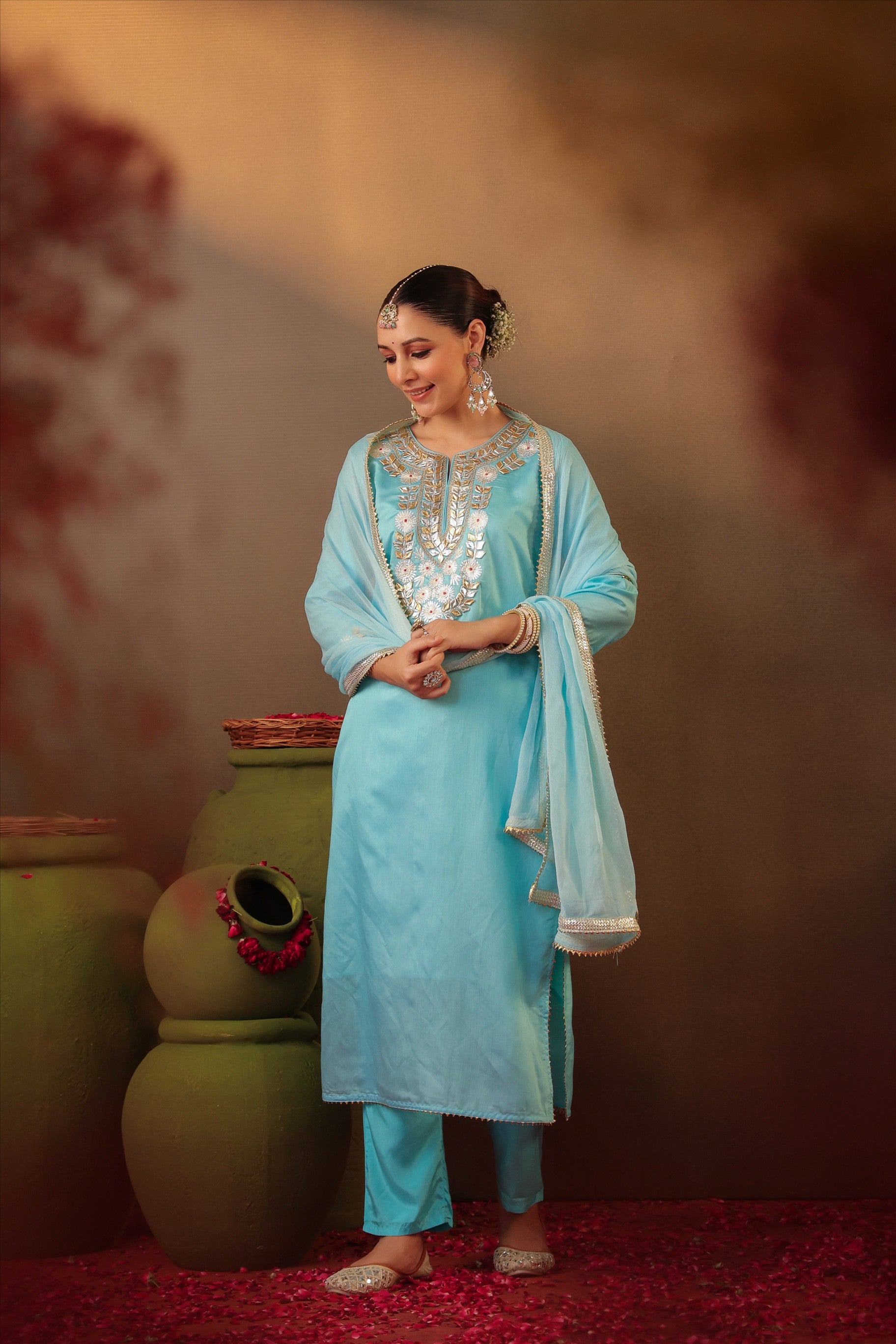 Aqua Chanderi Silk Gota Work Straight Suit Set