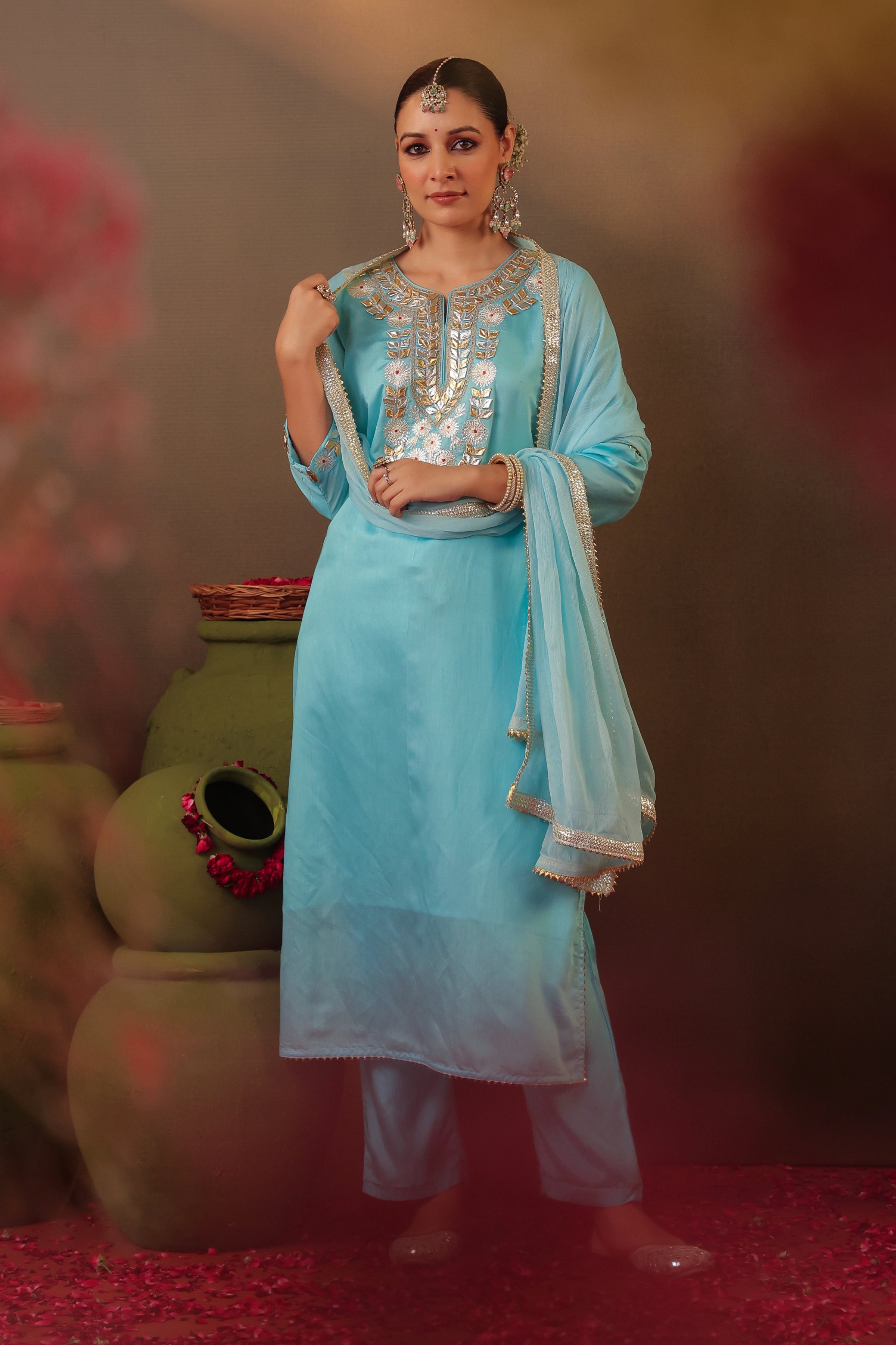 Aqua Chanderi Silk Gota Work Straight Suit Set