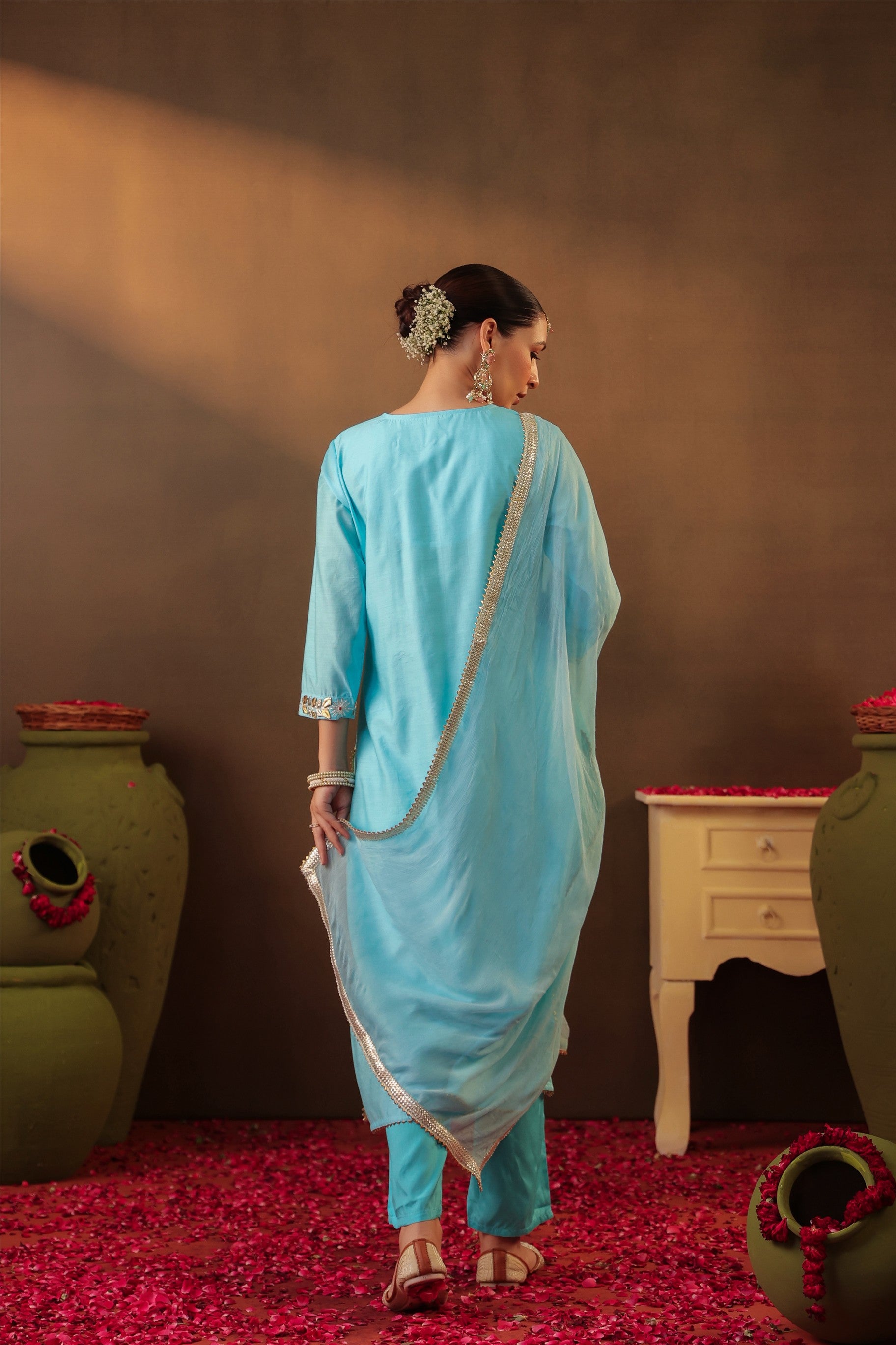 Aqua Chanderi Silk Gota Work Straight Suit Set