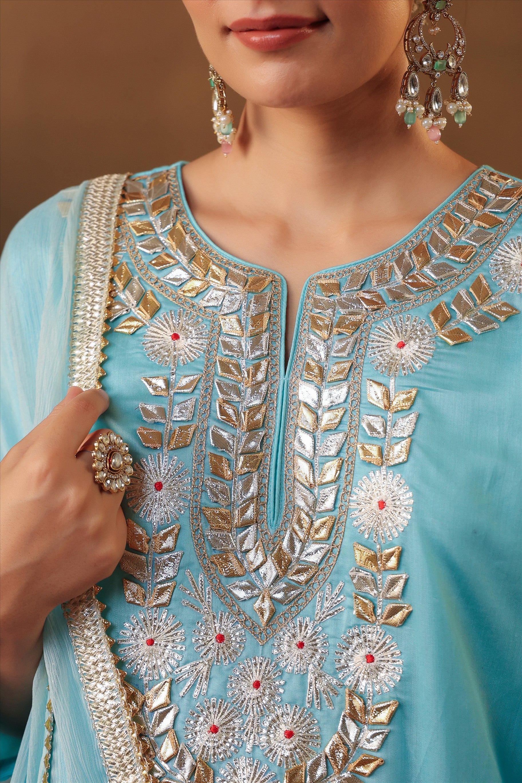 Aqua Chanderi Silk Gota Work Straight Suit Set