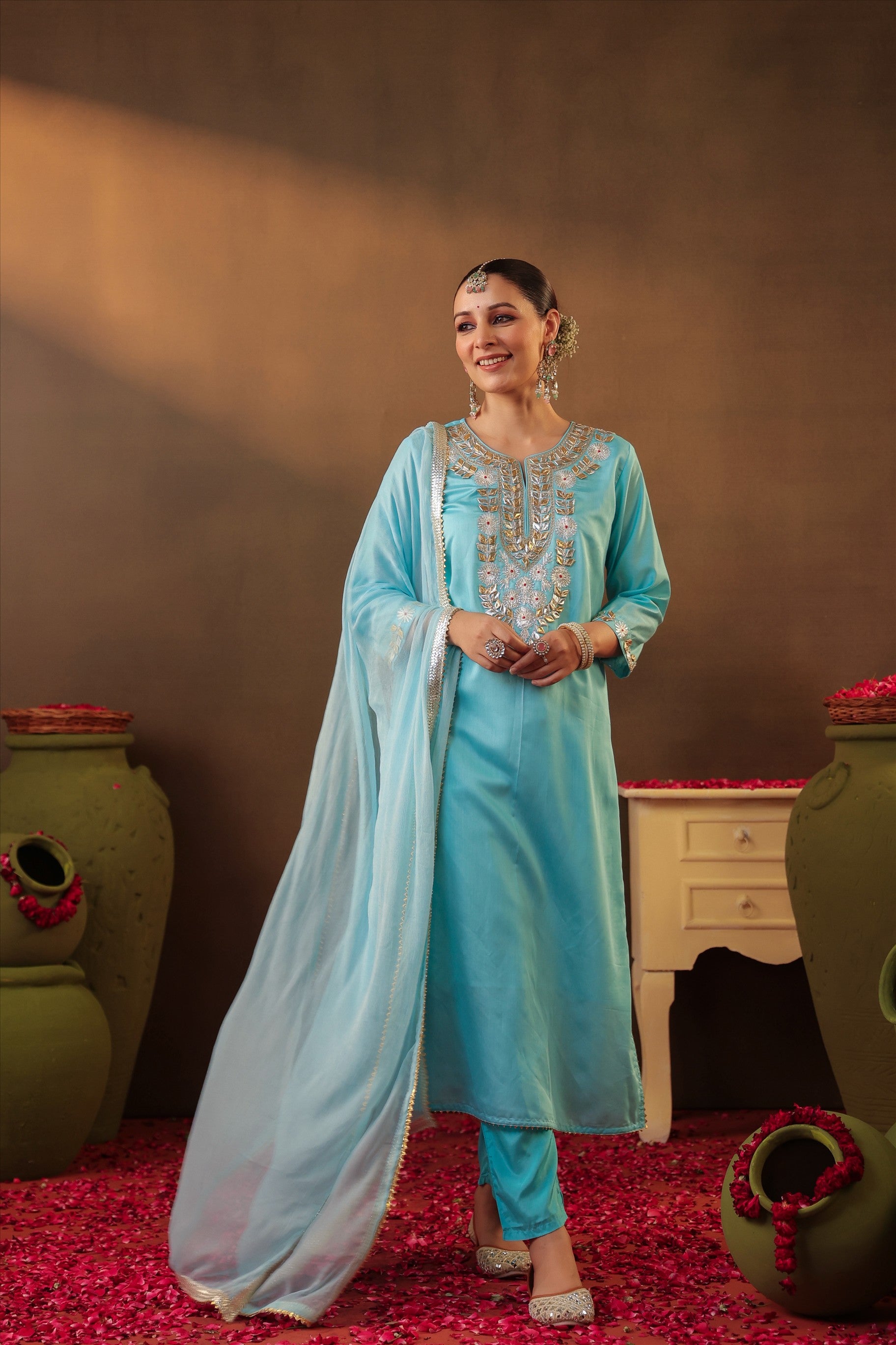 Aqua Chanderi Silk Gota Work Straight Suit Set