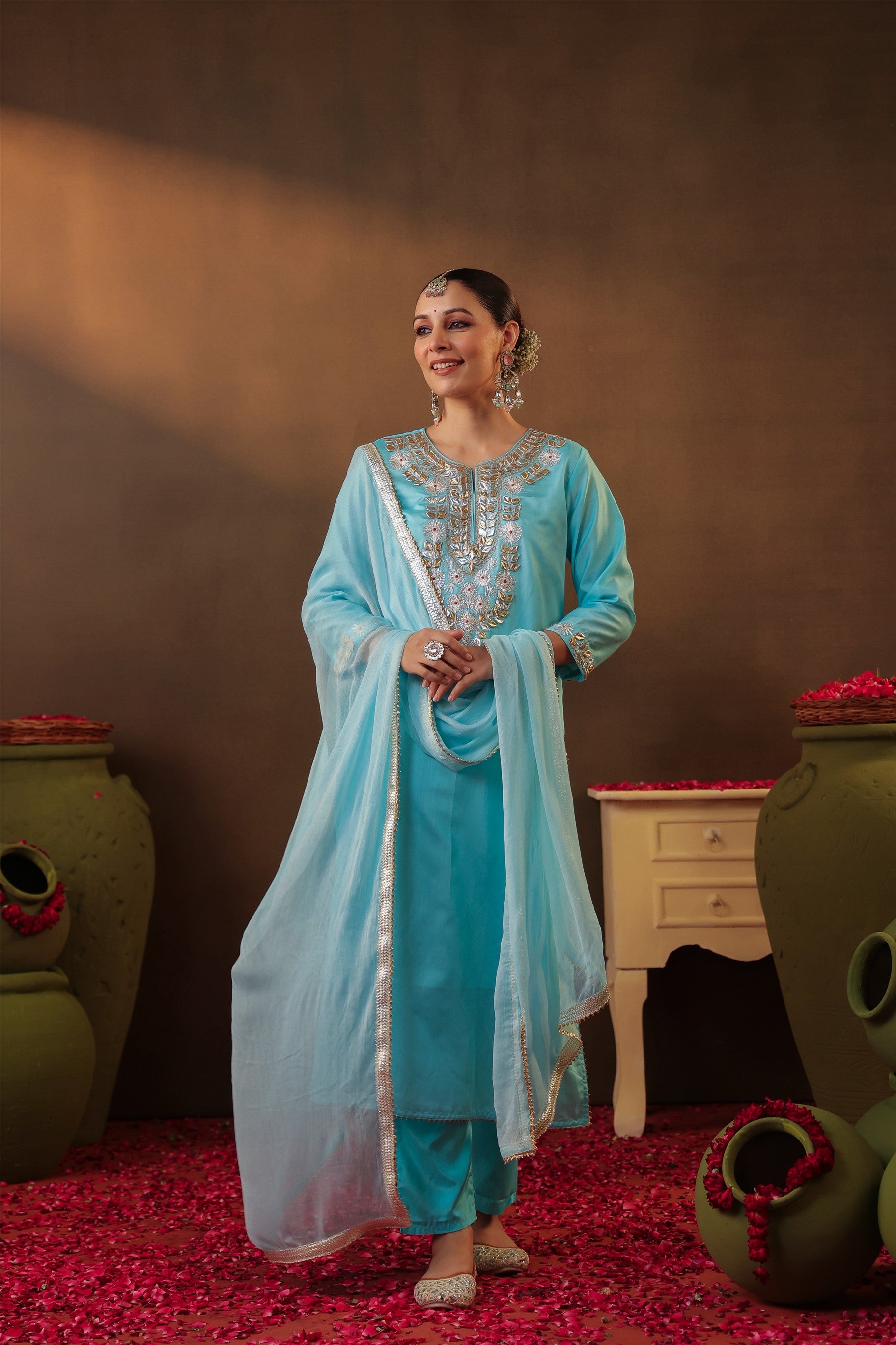 Aqua Chanderi Silk Gota Work Straight Suit Set