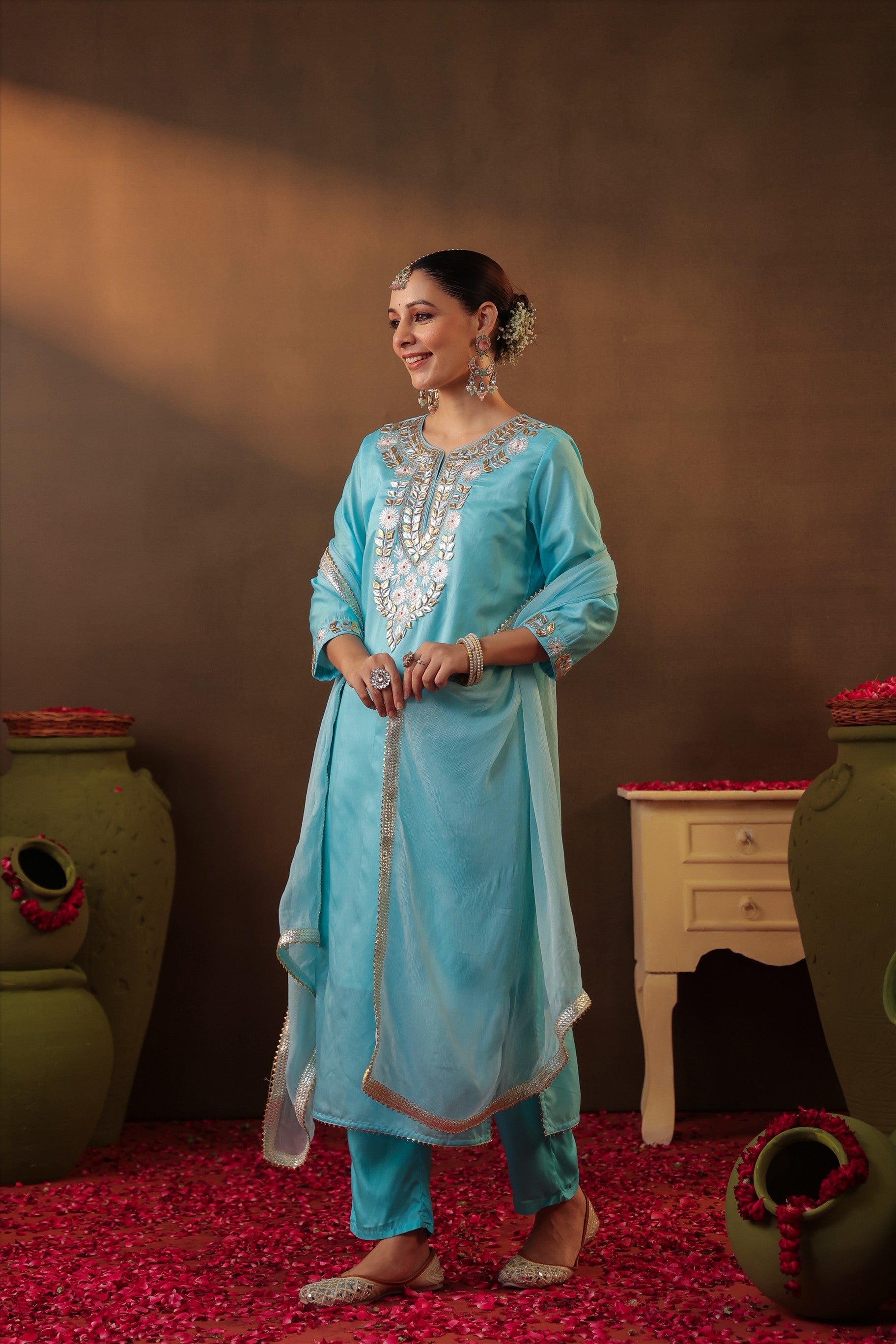 Aqua Chanderi Silk Gota Work Straight Suit Set