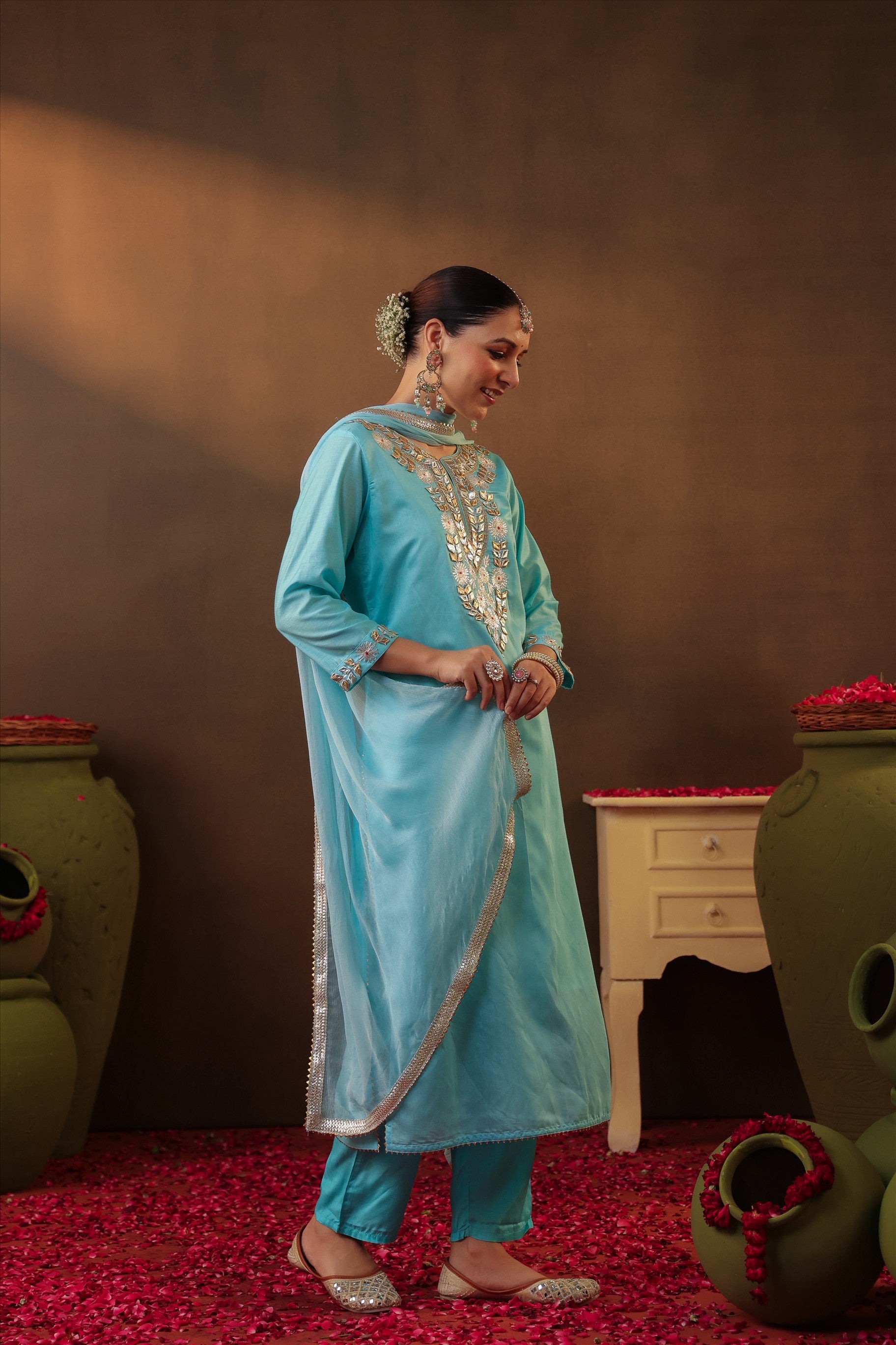 Aqua Chanderi Silk Gota Work Straight Suit Set